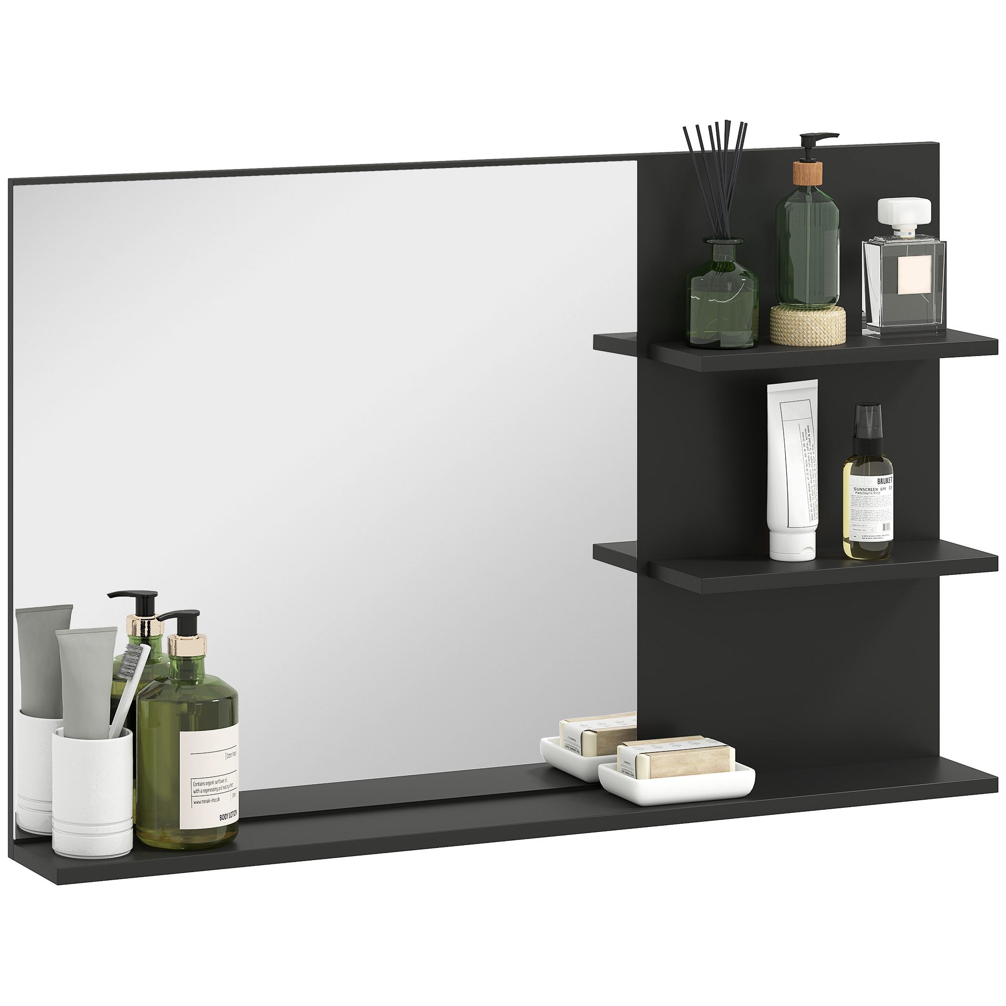 BAYMATE Spiegelschrank Moderner Badezimmerspiegel mit zwei seitlichen Ablagen und einer (unteren Ablage, aus Holz und Glas, 75 x 10 x 48 cm, Schwarz)