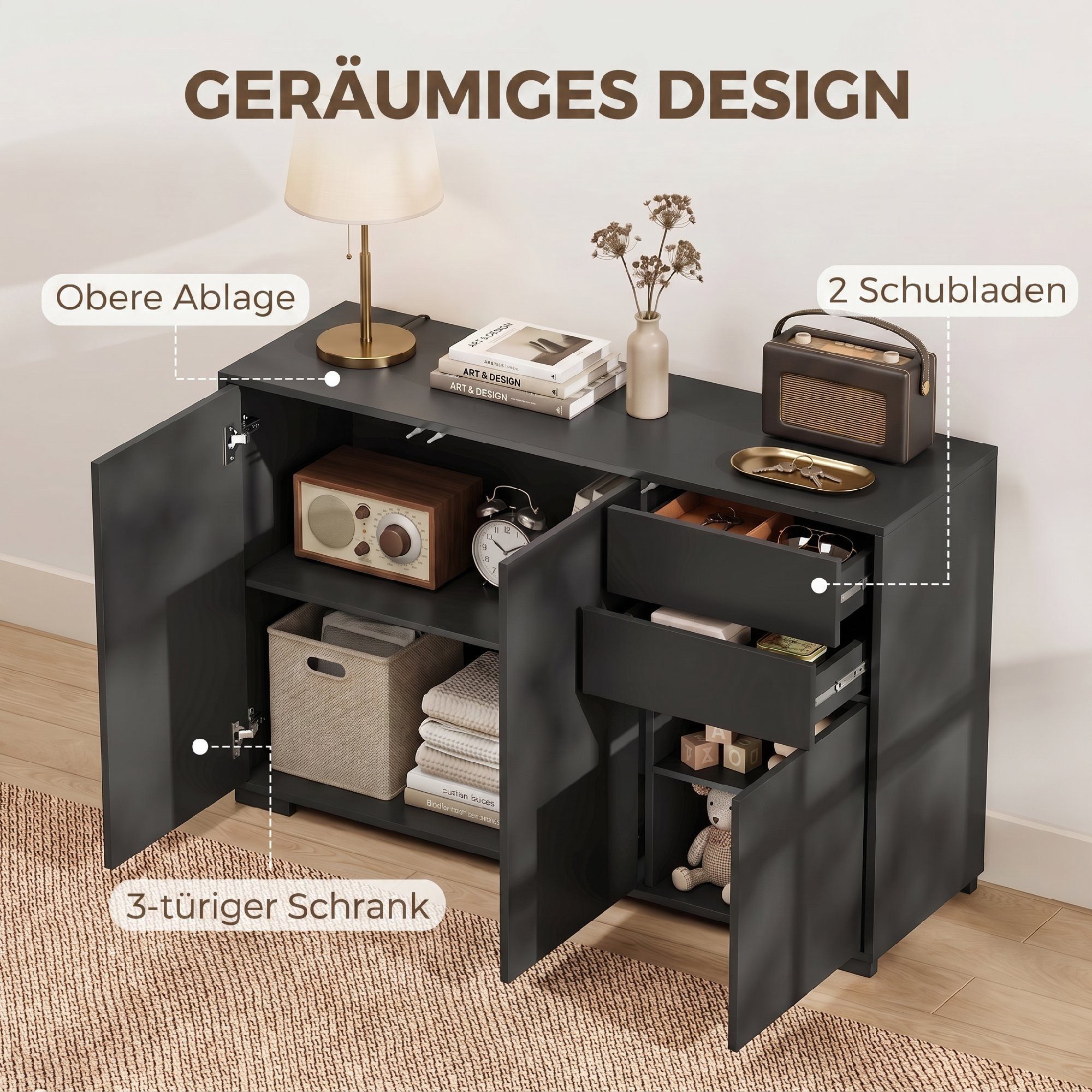 HOMCOM Sideboard 2 Schubladenschrank (Aufbewahrungsschrank, 1 St., Sideboard), Schwarz 117 x 36 x 74 cm – Bild 4 von 5