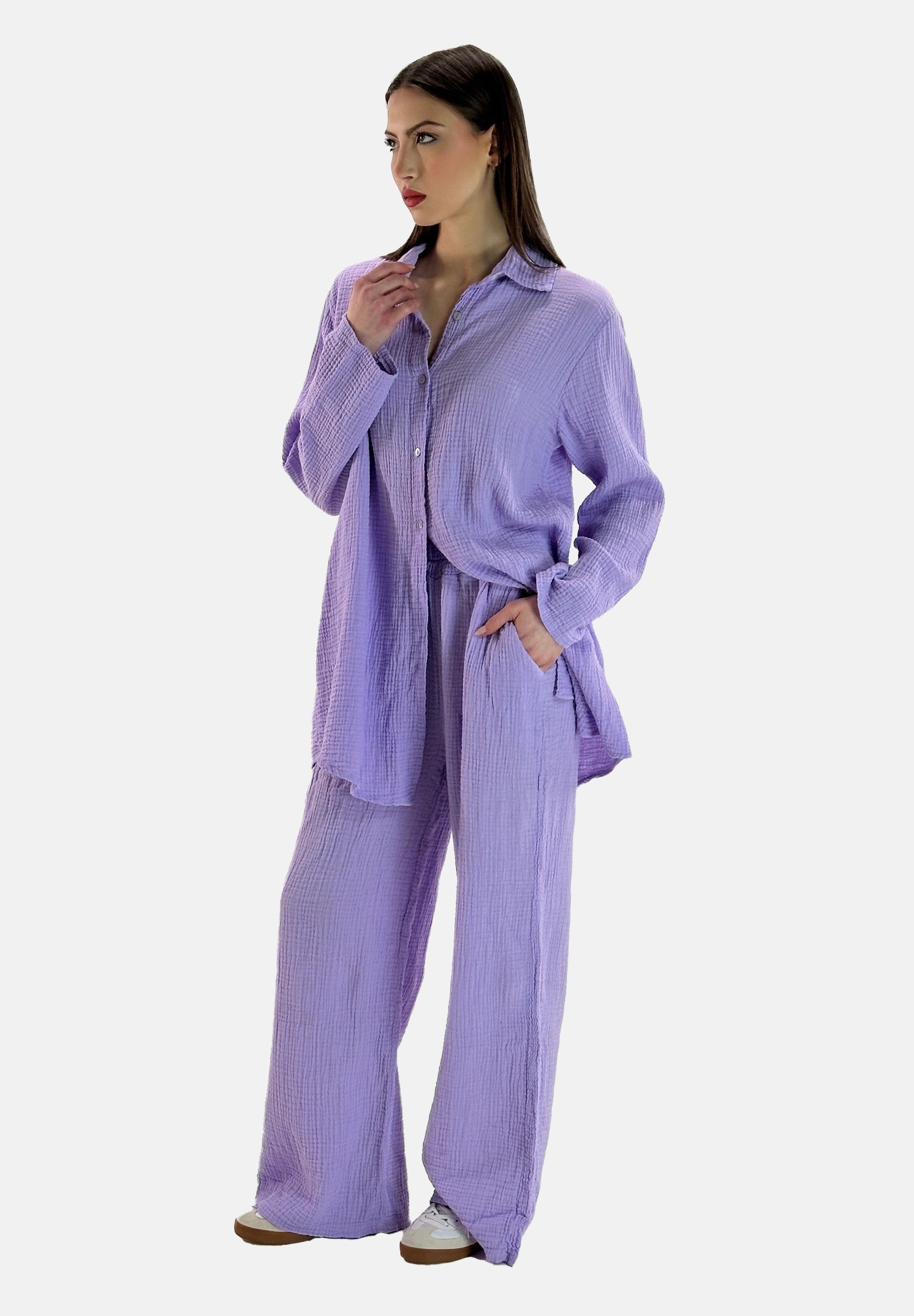 Elara Hemd & Hose – Damen Zweiteiler mit Oversize Bluse und Wide Leg Hose Musselin (Set, Set) – Bild 3 von 4