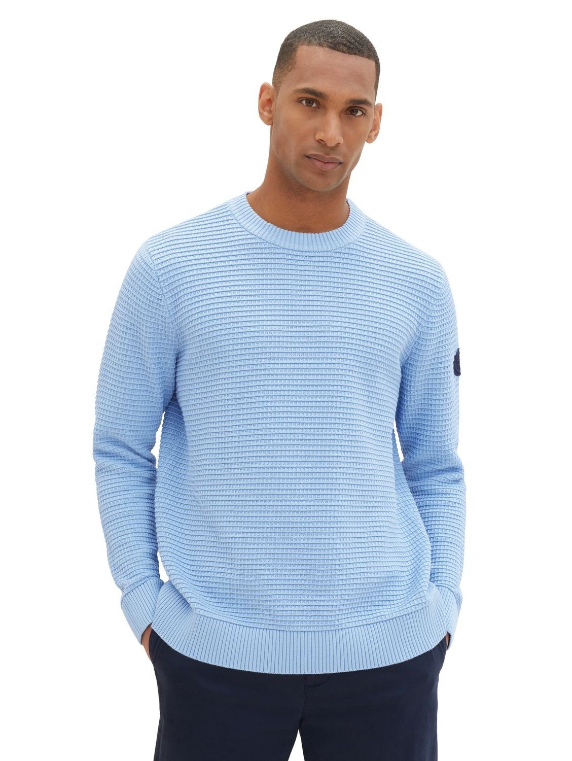 aus STRUCTURED CREWNECK TAILOR Middle Baumwolle TOM Out Strickpullover KNIT 32245 Blue Washed
