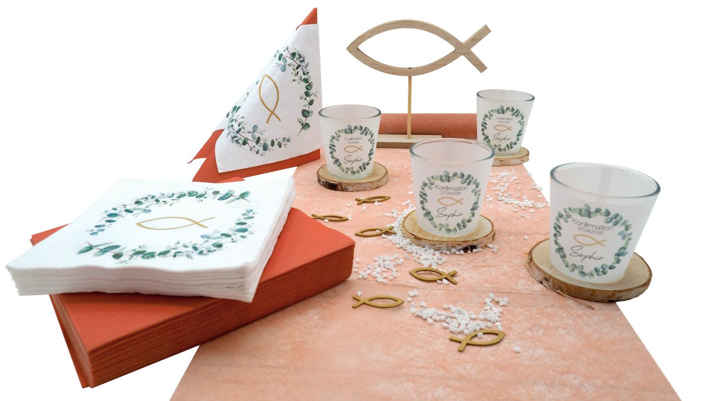 ZauberDeko Tischdecke Tischdeko Personalisiert Kommunion Eukalyptus Orange Natur Holz SET
