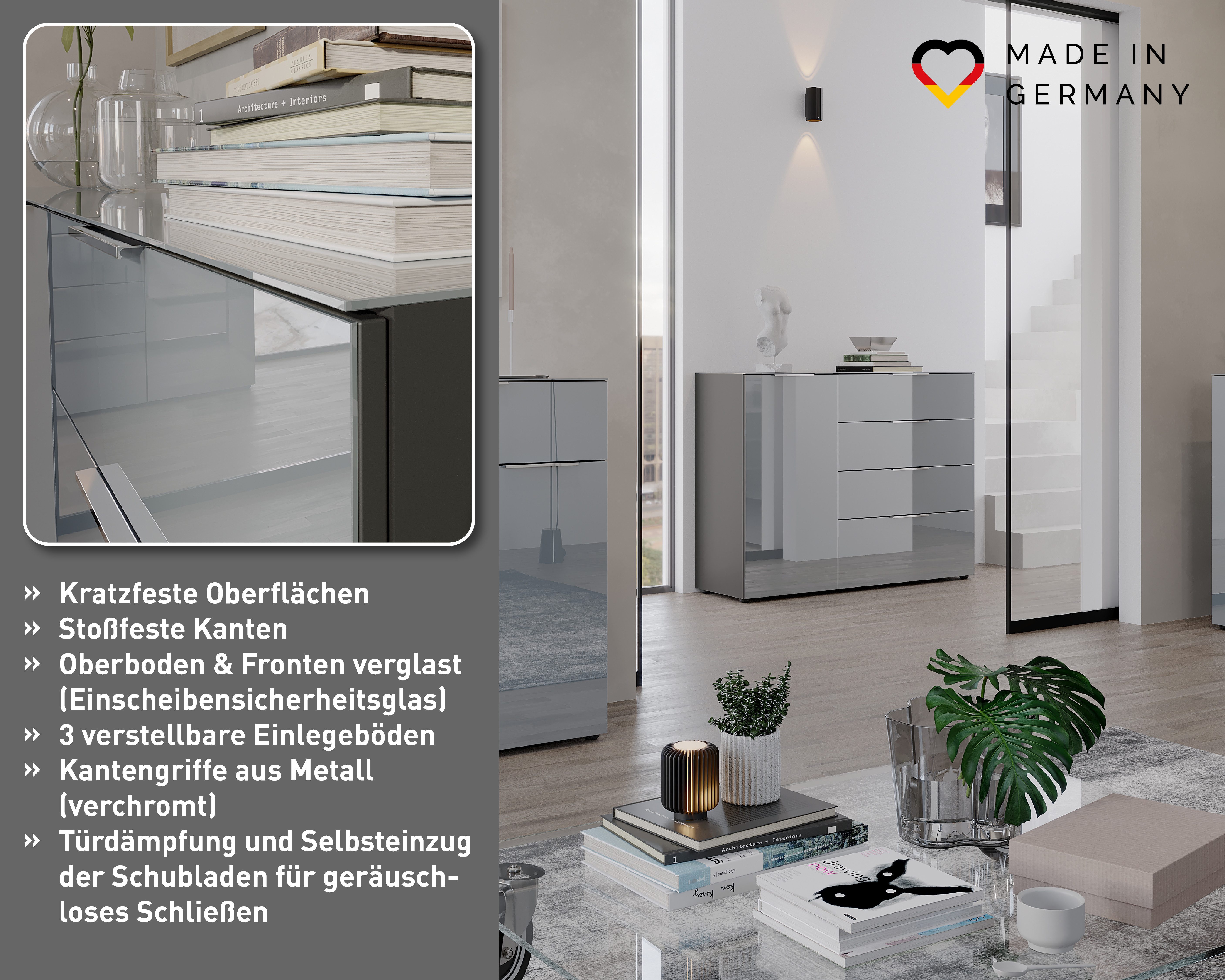 GERMANIA Sideboard Oakland mit Glasauflage, Breite: 134 oder 184 cm, Soft-close, verstellb. Böden, Made in Germany