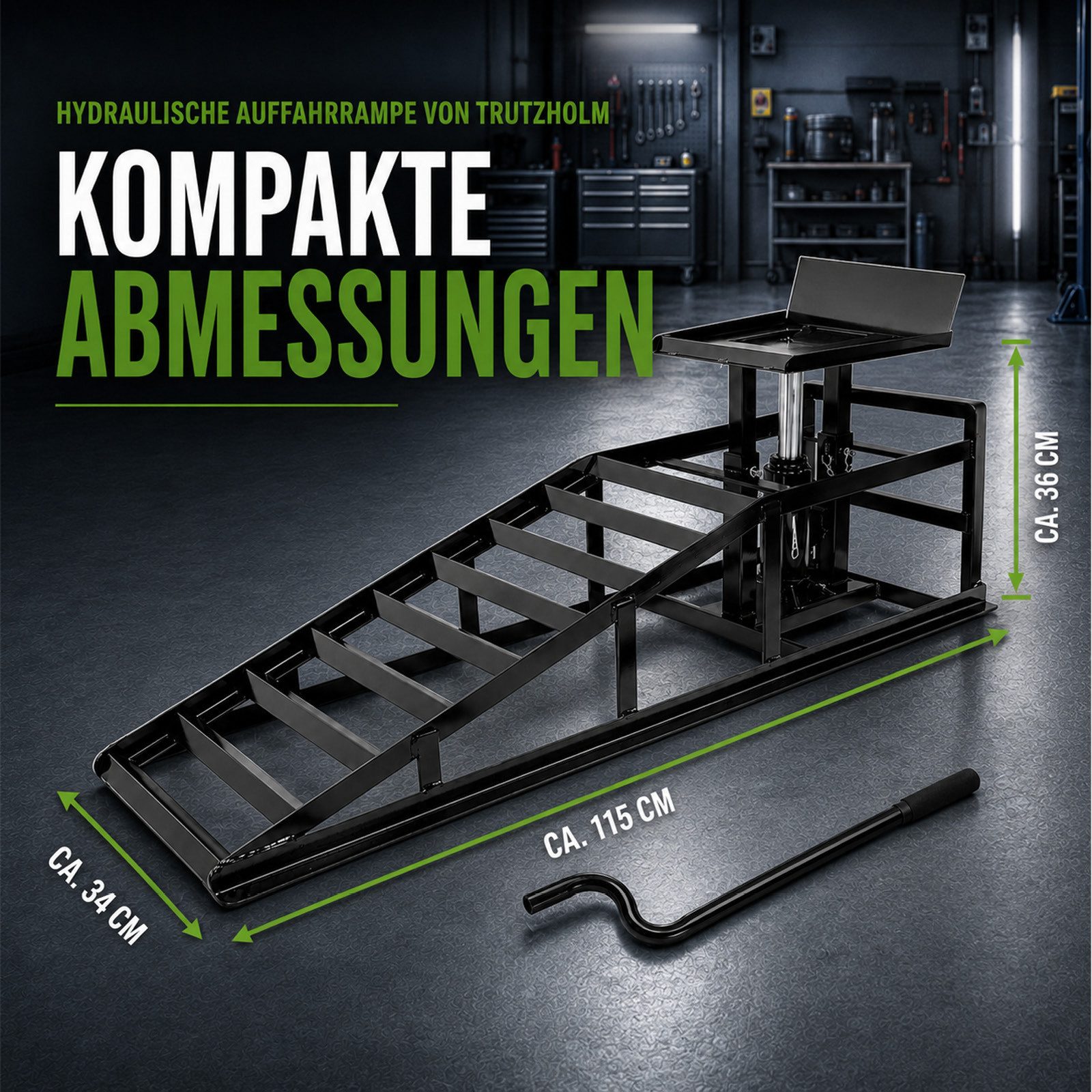 TRUTZHOLM Auffahrrampe 2x mit hydraulischem Wagenheber 4t höhenverstellbar 24-36 cm Stahl (2-St., Inkl. 2x Pumphebel), höhenverstellbar,115x34x43(LxBxH),maximale Belastung je Rampe 2000kg