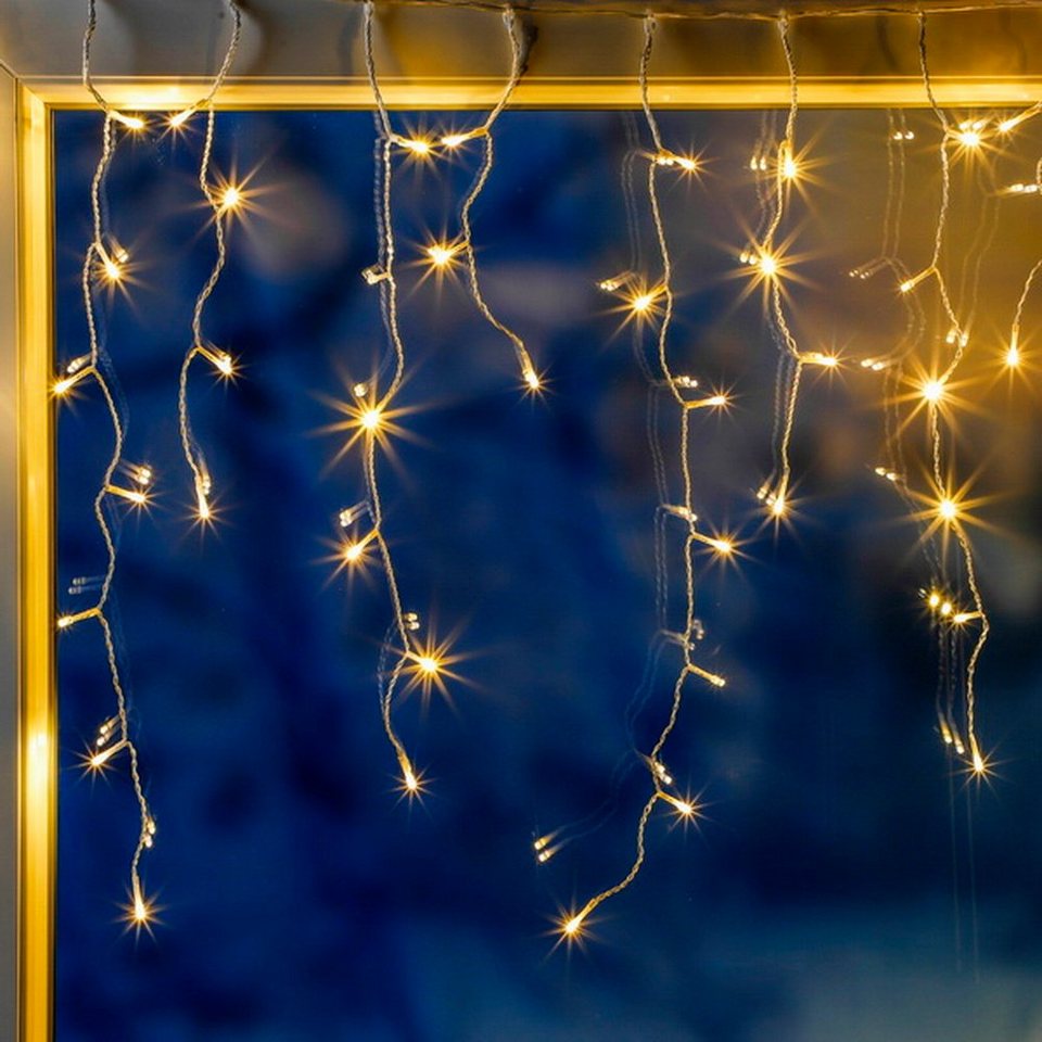 Haushalt International LED-Lichtervorhang Fensterdekoration Eisregen 400  warm-weiße LEDs Sterneneffekt, transparentes Kabel, 20 flackernde LEDs