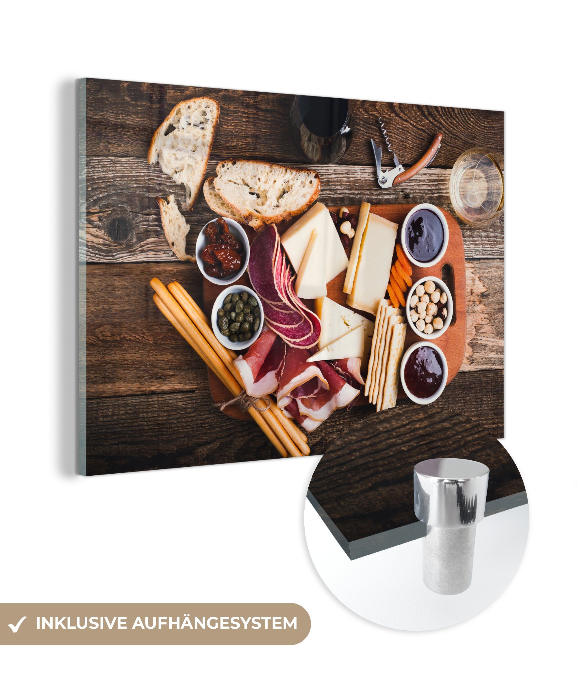 MuchoWow Acrylglasbild Schneidebrett mit Käse und Fleisch, (1 St), Acrylglasbilder Wohnzimmer & Schlafzimmer