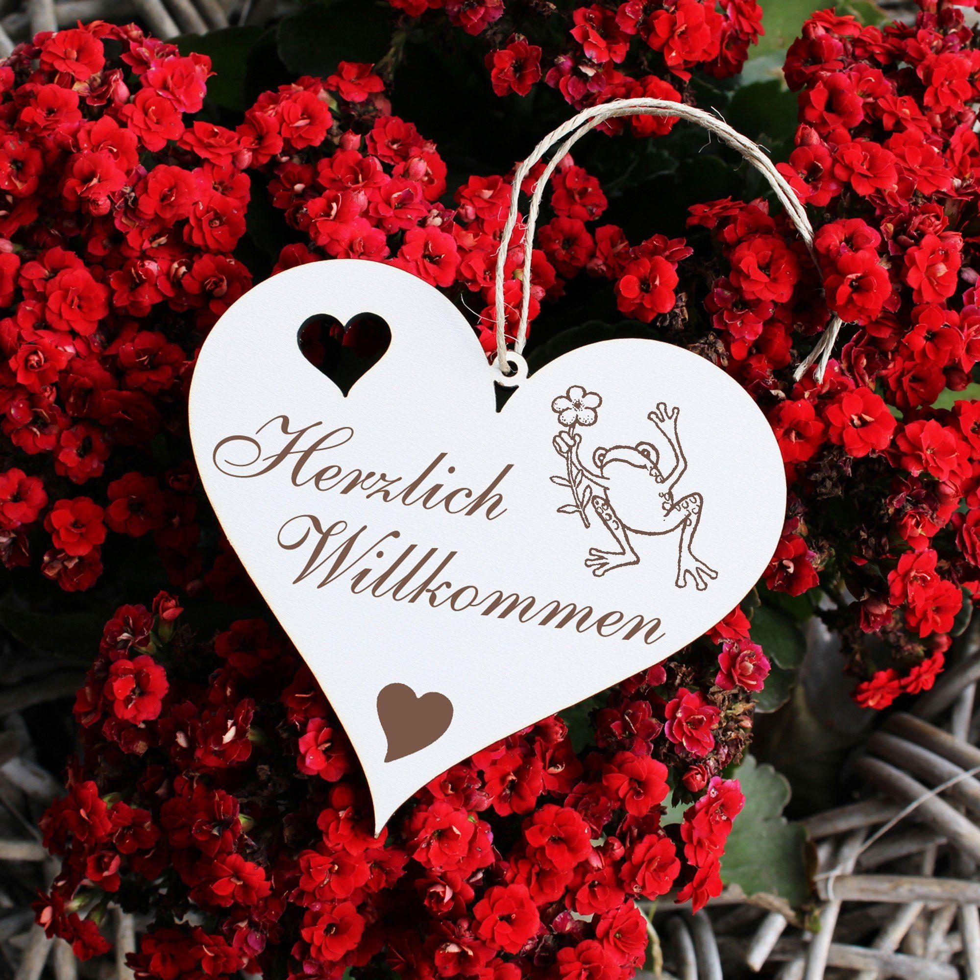 Dekolando Hängedekoration Herzlich Willkommen - Blume - 13x12cm mit Frosch