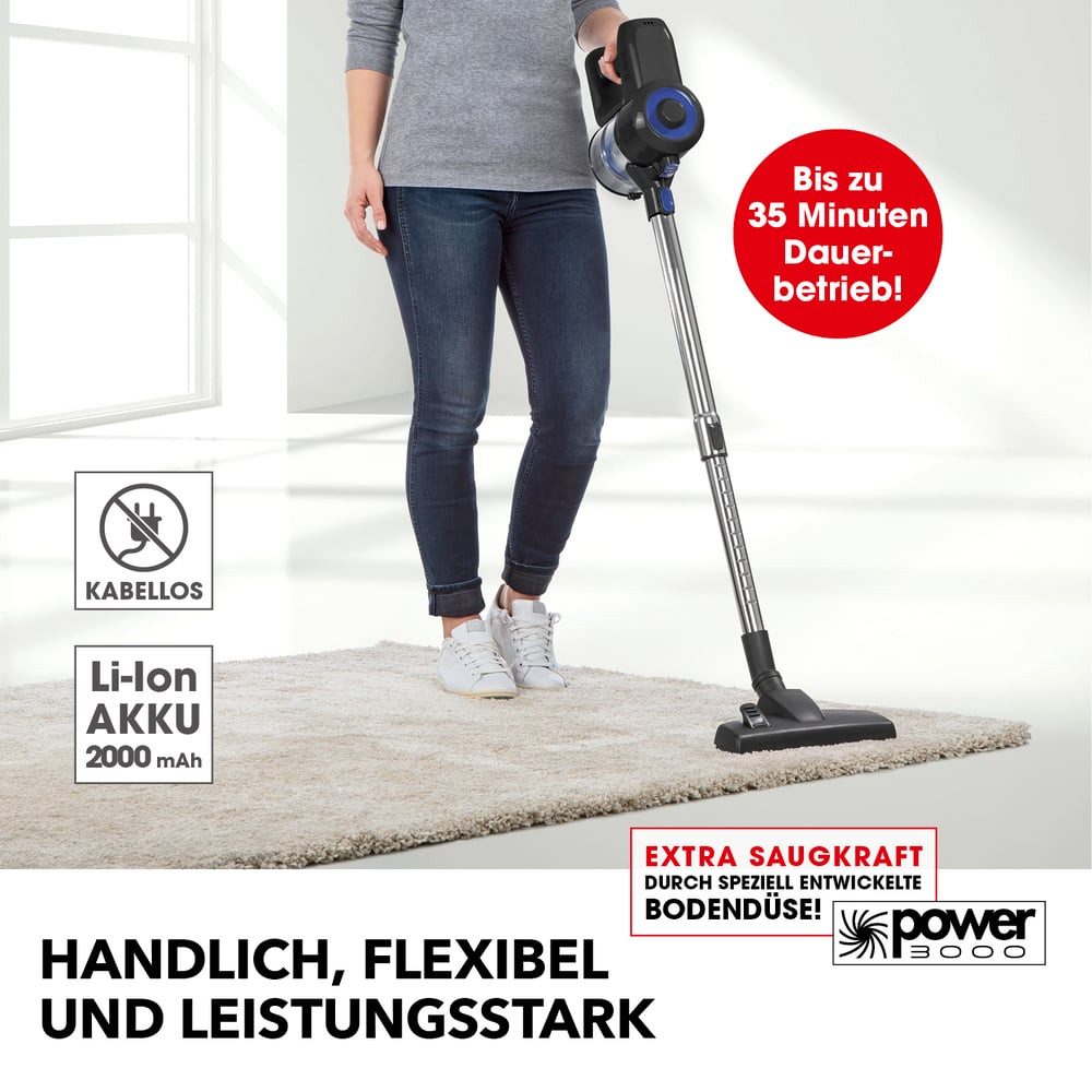 CLEANmaxx Akku-Hand-und Stielstaubsauger Akku Zyklon Staubsauger 22,2 V schwarz/blau, 120 W, beutellos, verstellbares Teleskoprohr, mit EPA-Filter, 800ml Staubbehälter