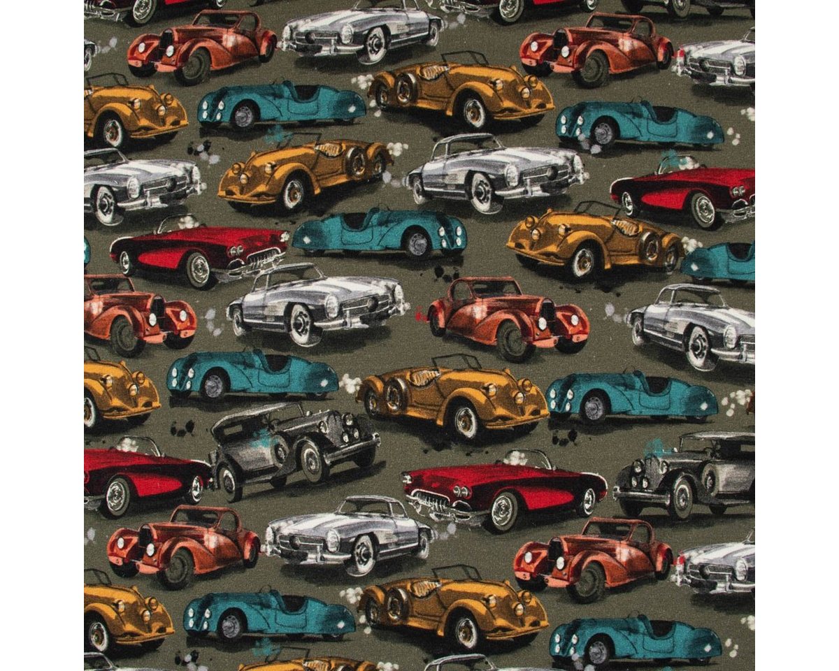 Thumbnail - SCHÖNER LEBEN. Stoff Sweatstoff Digitaldruck Oldtimer Autos grün rot gelb petrol 1,45m