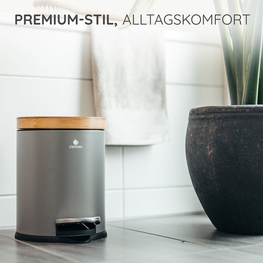 Exitoso Mülleimer 5 L leicht entleerbar Bambus, Kosmetikeimer WC-Eimer Tretmülleimer klein, mit Softclose-Funktion, Abfalleimer, Abfallbehälter