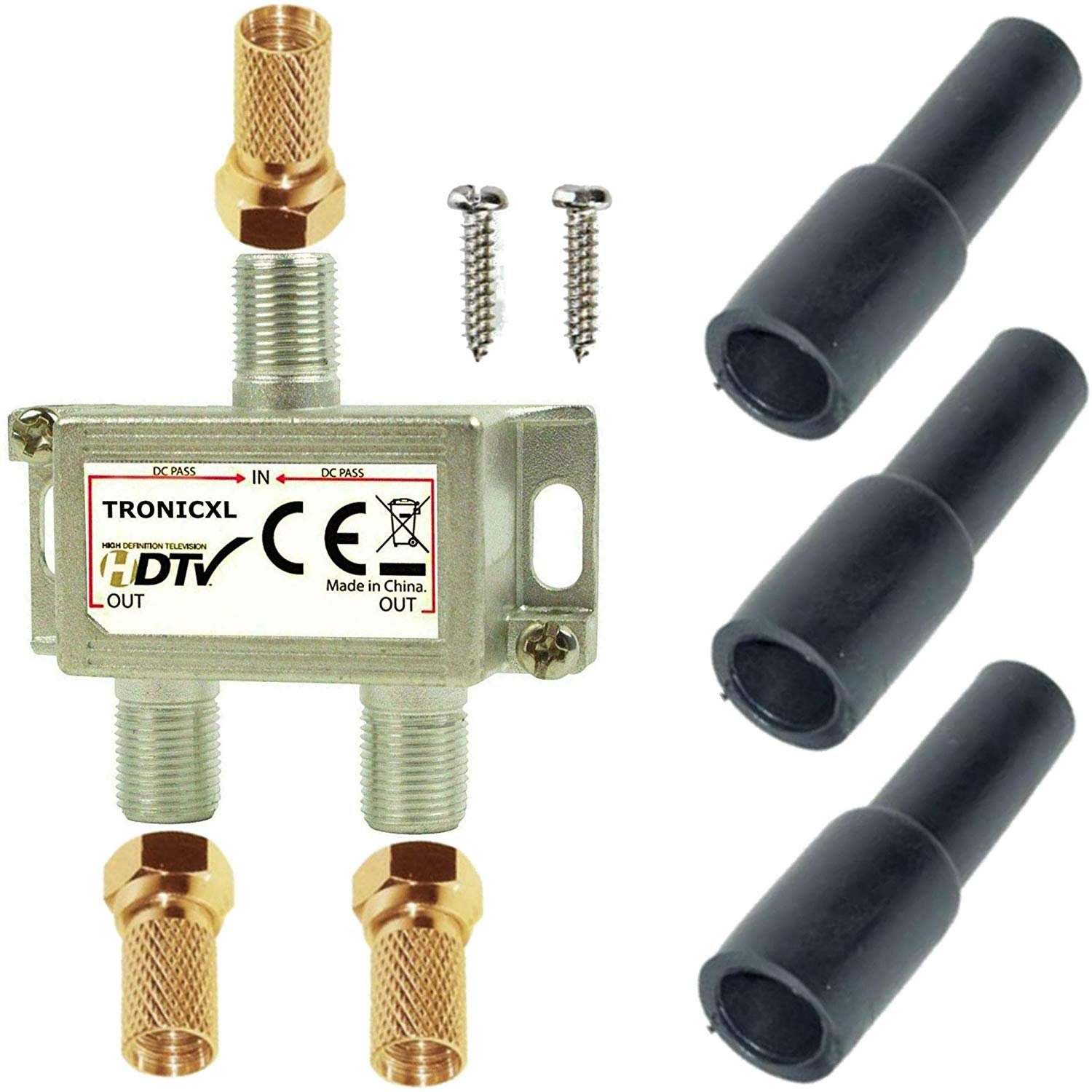 TronicXL SAT-Verteiler Sat Splitter 2-Fach + Wetterschutz + F-Stecker TV Verteiler Weiche, 3D, 4K, HD