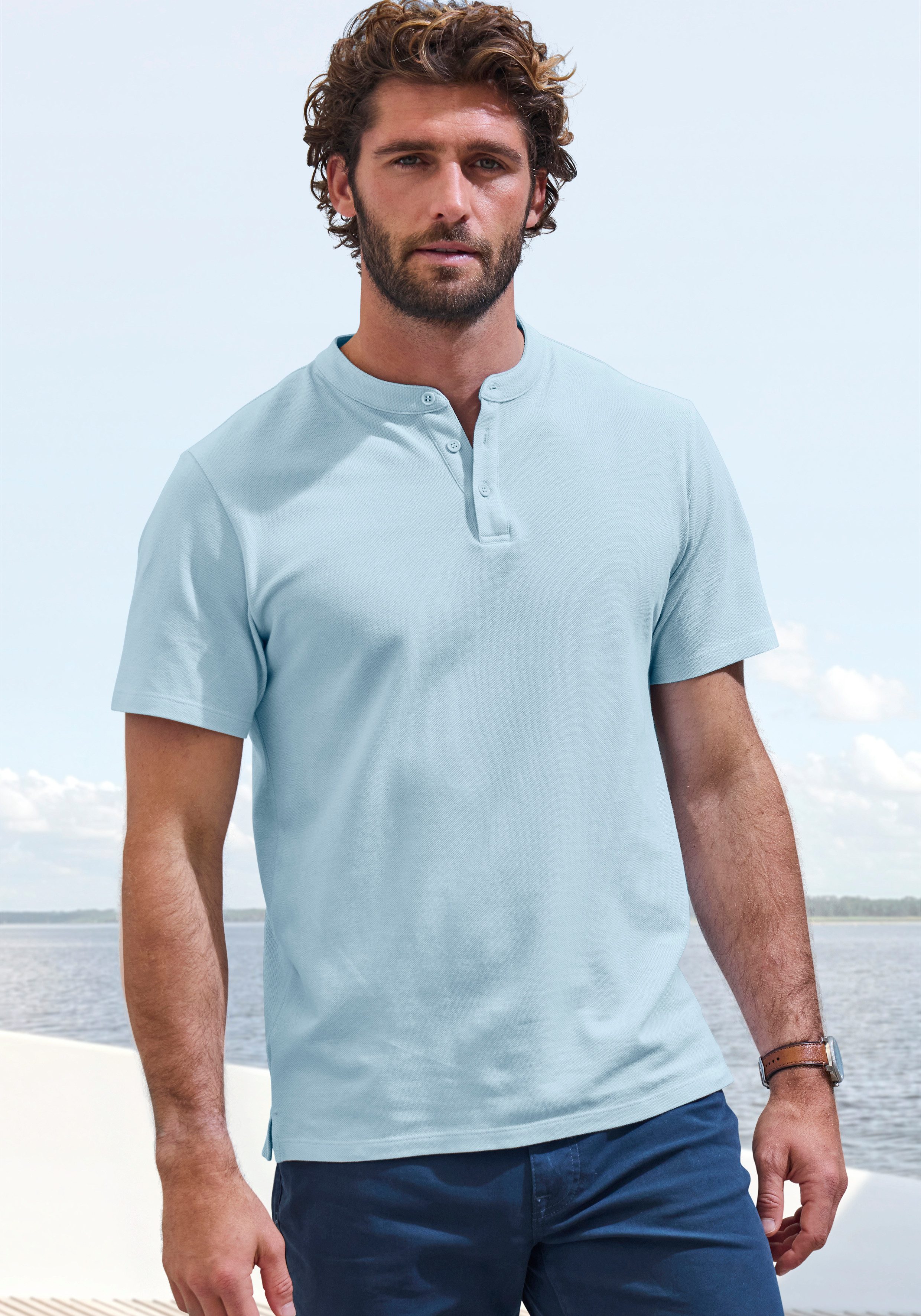John Devin Henleyshirt mit Stehkragen, Regular-Fit, aus Baumwoll-Piqué