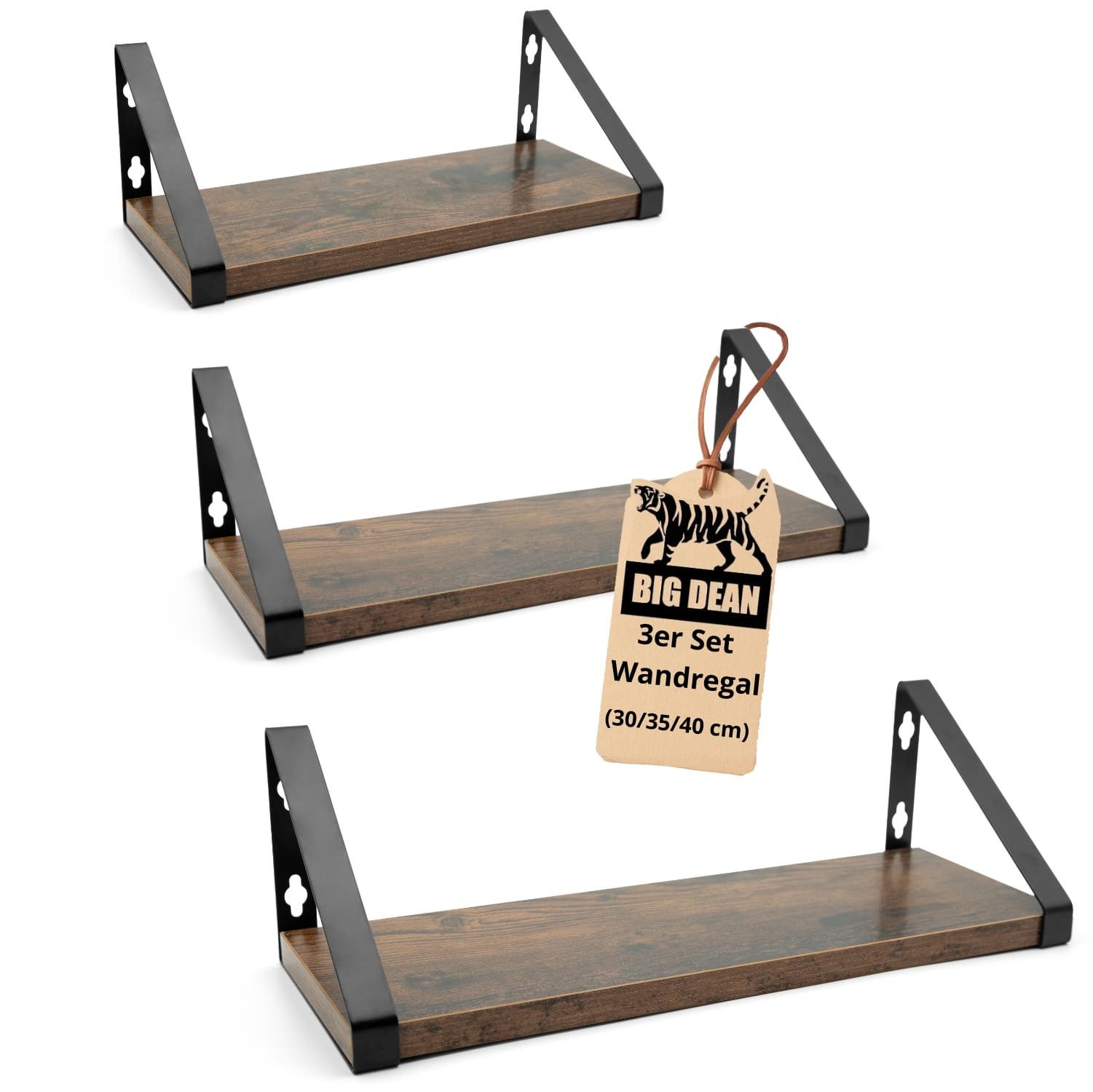 BigDean Wandregal 3er Set Wandregal Wall Shelf 2 Montagemöglichkeiten 30/35/40 cm, Set 1-tlg., Vintage Look, 2 Montage Möglichkeiten