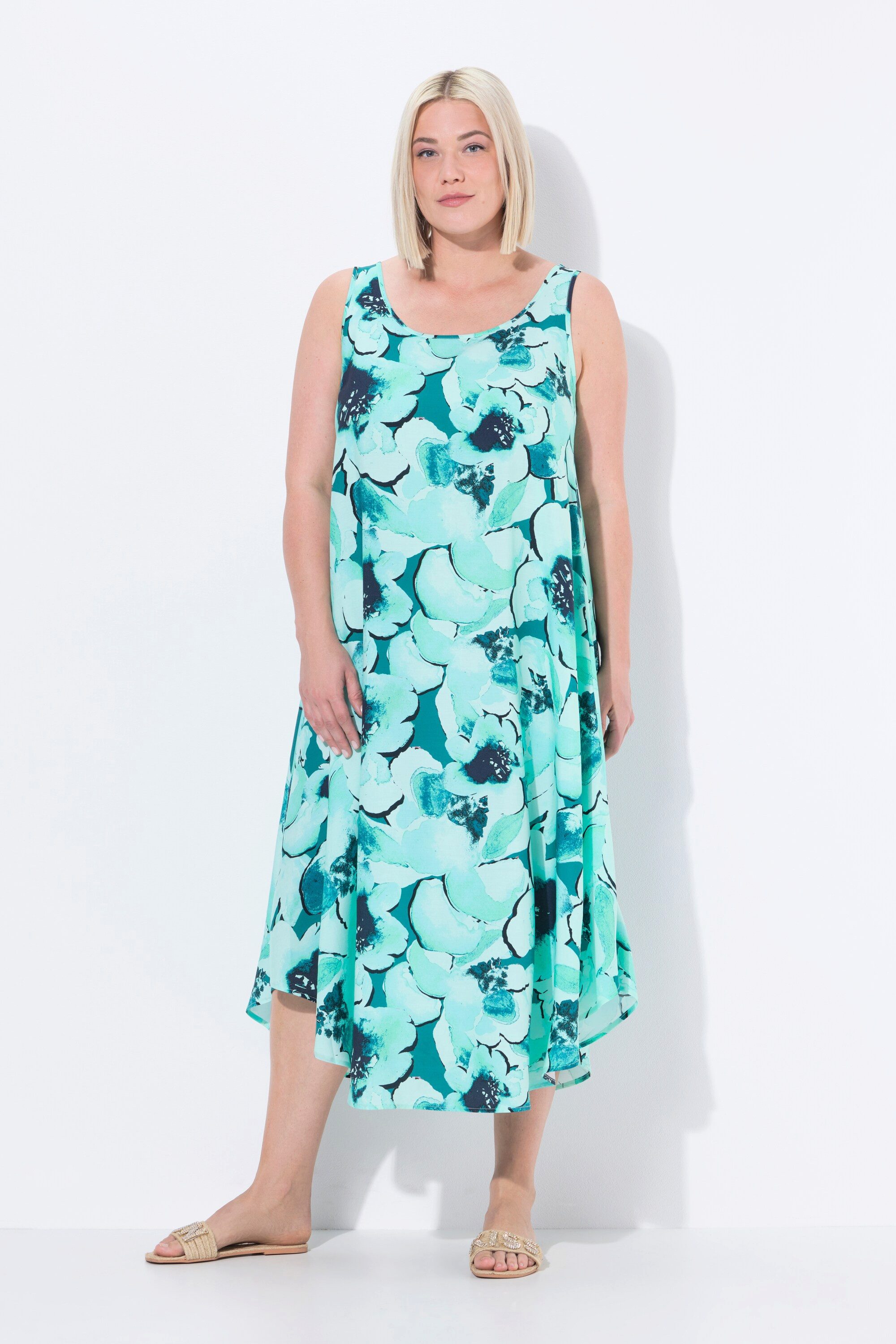 Ulla Popken Maxikleid Midikleid Blüten A-Linie Rundhals ärmellos günstig online kaufen