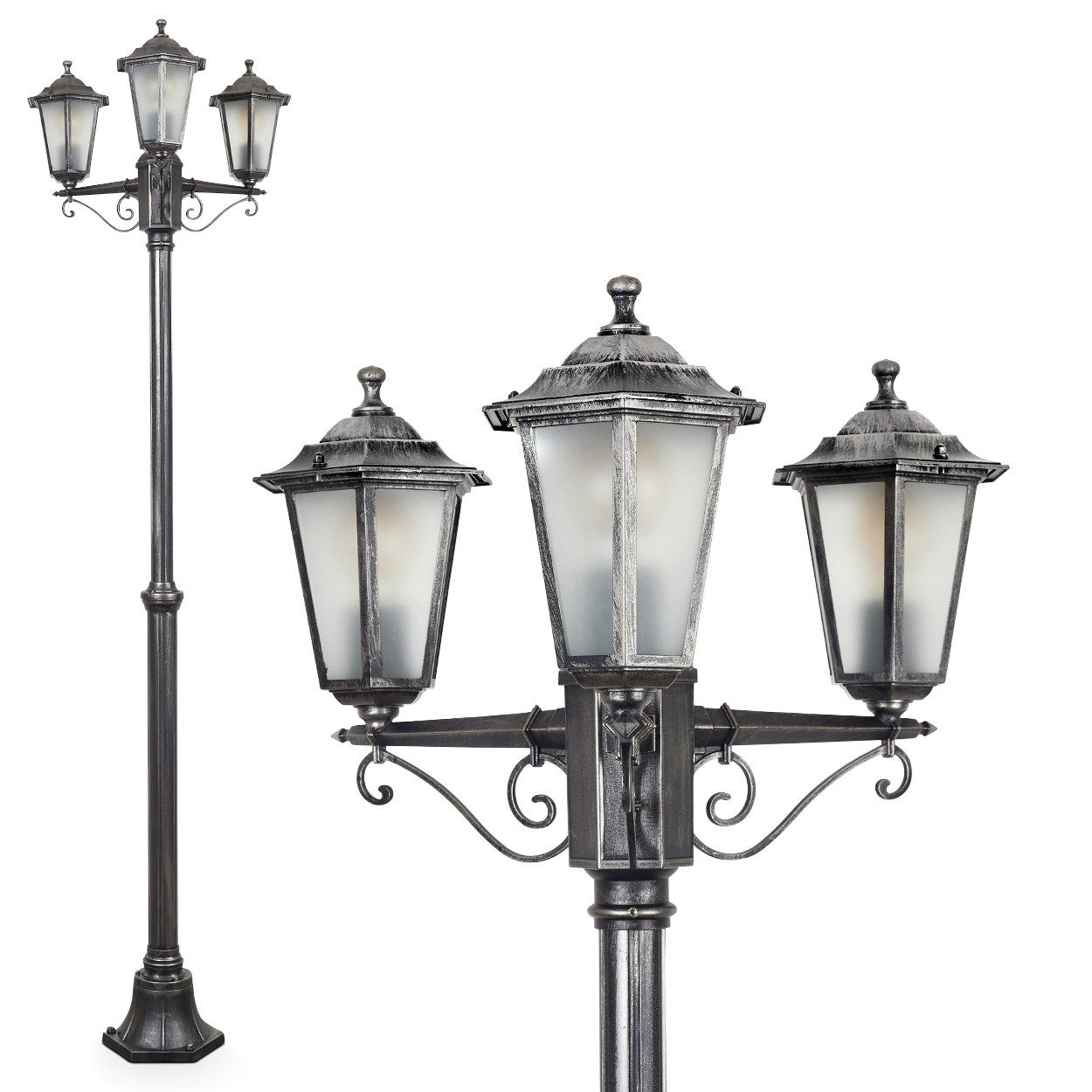 hofstein Außen-Stehlampe Wegeleuchte aus Metall/Glas in Schwarz-Silber/Weiß, ohne Leuchtmittel, Kandelaber, Gartenbeleuchtung IP44, 3x E27