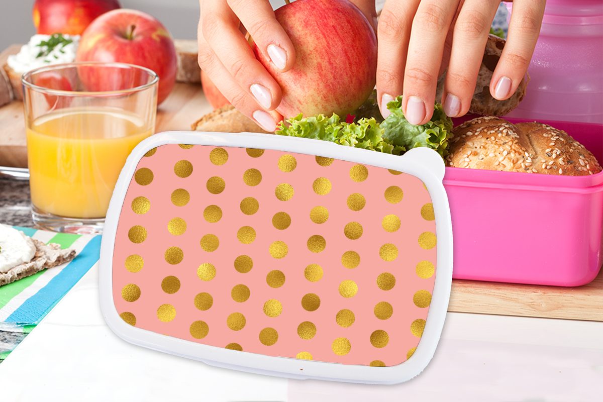 Kunststoff, MuchoWow Erwachsene, Brotdose - - Muster für Lunchbox - Rosa Kinder, Gold, Mädchen, Brotbox (2-tlg), Punkte Kunststoff Snackbox,