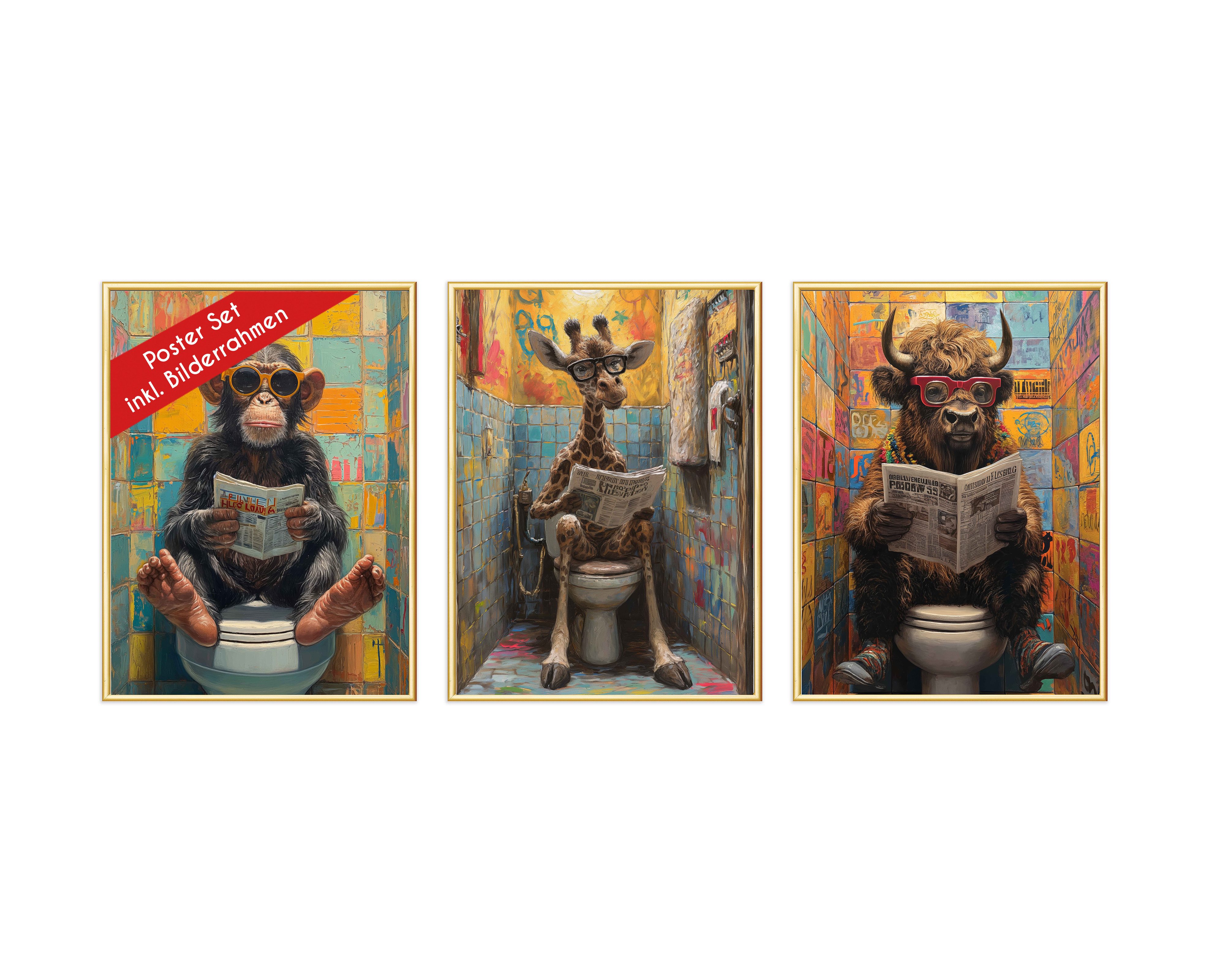 Wackadoo Living Poster Set inklusive Bilderrahmen, WC Art (3er Set), Bildformat 30 x 40 cm
