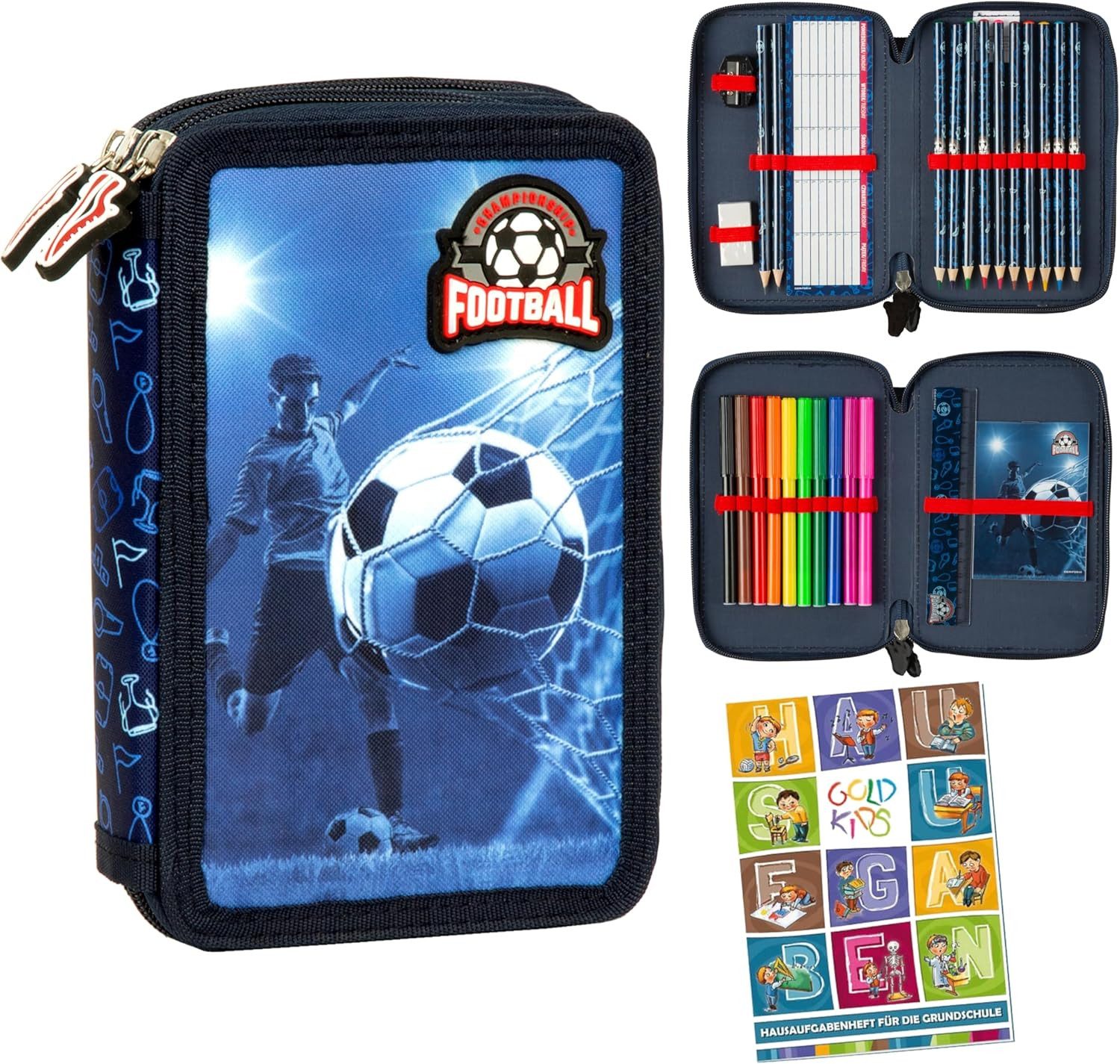 GOLDKIDS Federmäppchen Fächer - Mäppchen für Mädchen und Jungen -, (Federmappe 2-Fach Federtasche, 1-tlg., Gefüllte Schüleretui 27-teilig), Schulmäppchen und Hausaufgabenheft - Fußball Motiv
