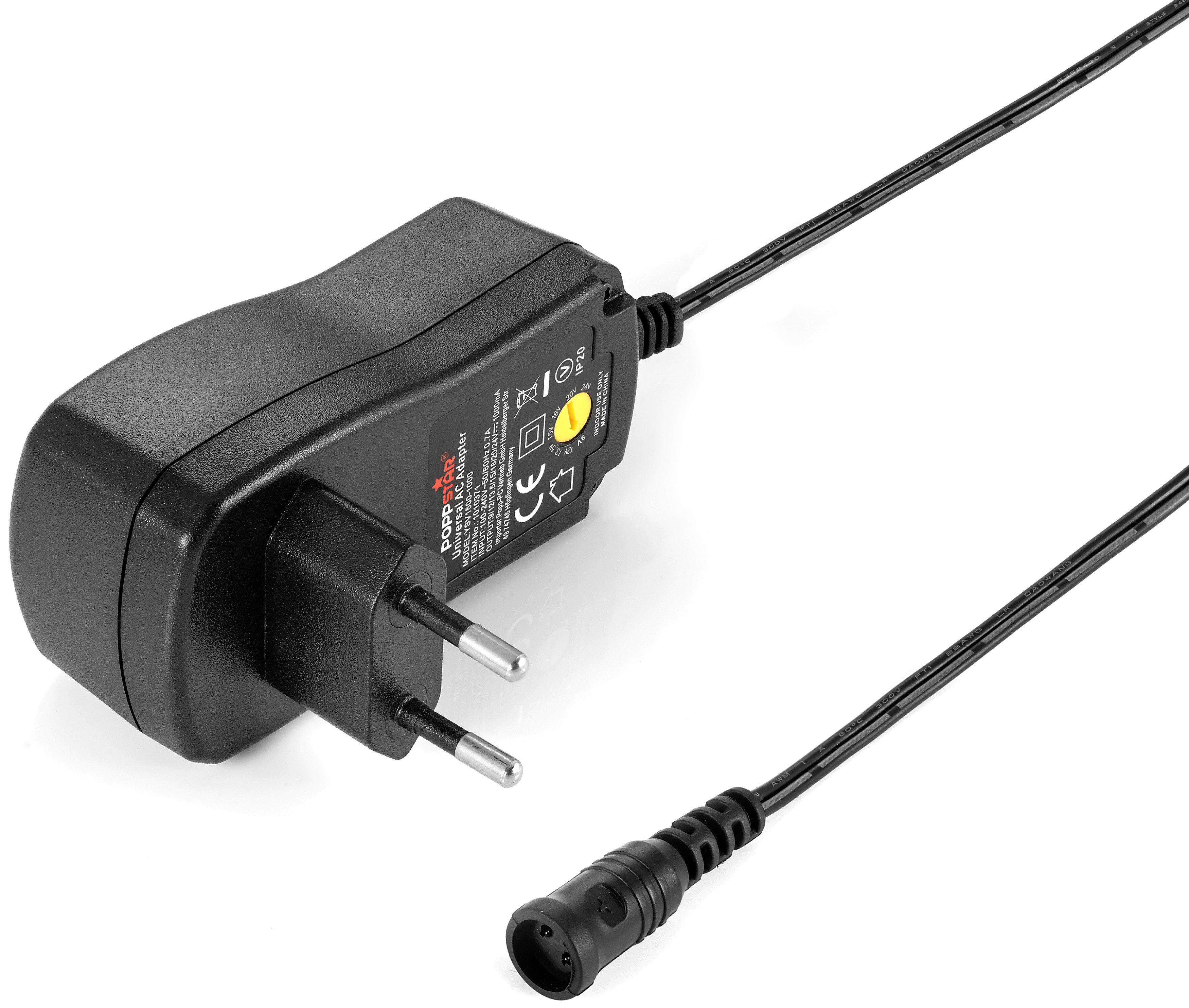 Poppstar Netzteil 9V 12V 13,5V 15V 18V 20V 24V mit 1A Universal-Netzteil (1000mA Schaltnetzteil mit 6 Wechselsteckern, LED, Kabel 150cm)