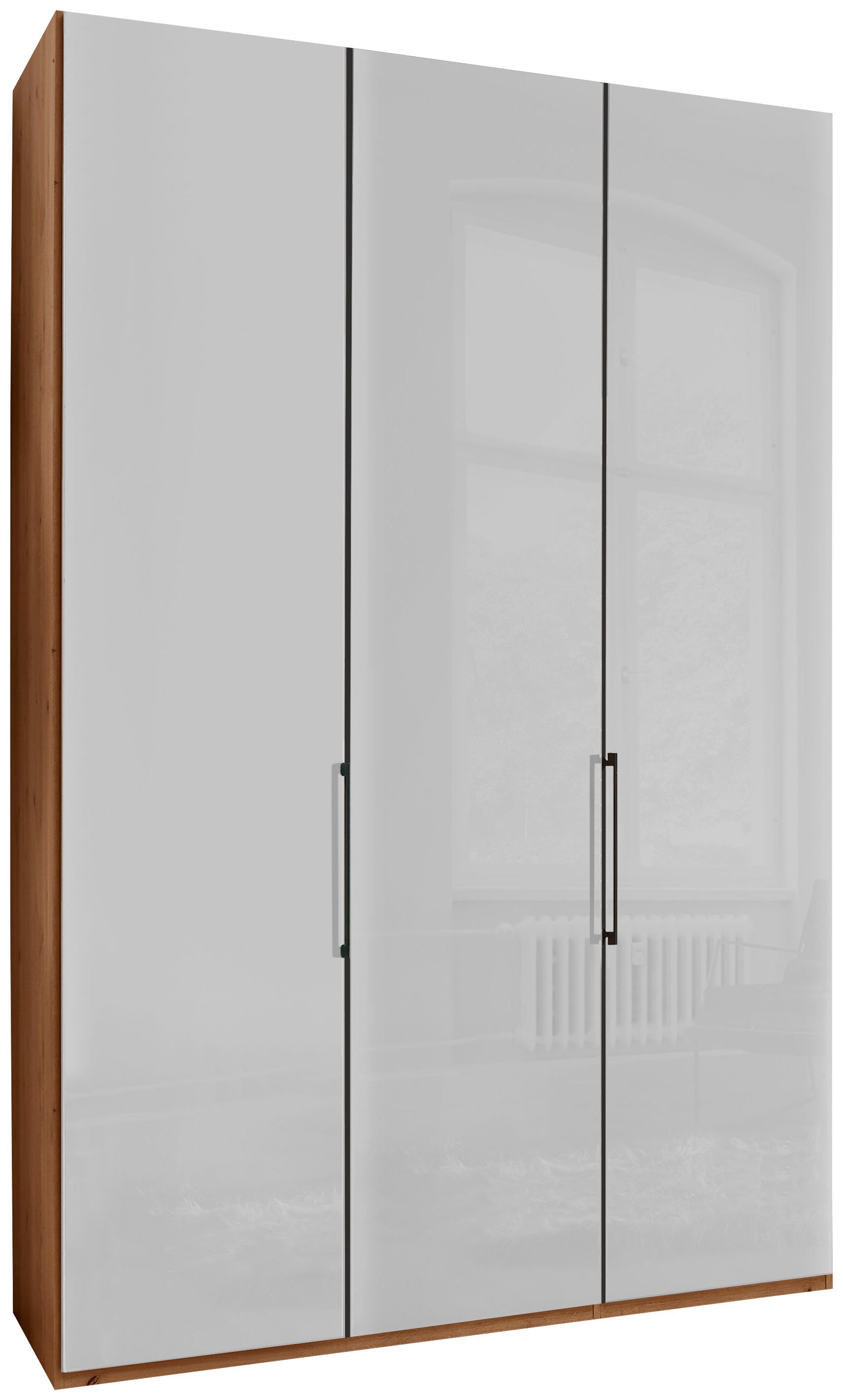 sowie hochwertigen Weiß Drehtürenschrank Monaco Dämpfung Beschlägen Bianco-Eiche-Nachbildung/Glas mit WIEMANN Glasfront inkl.