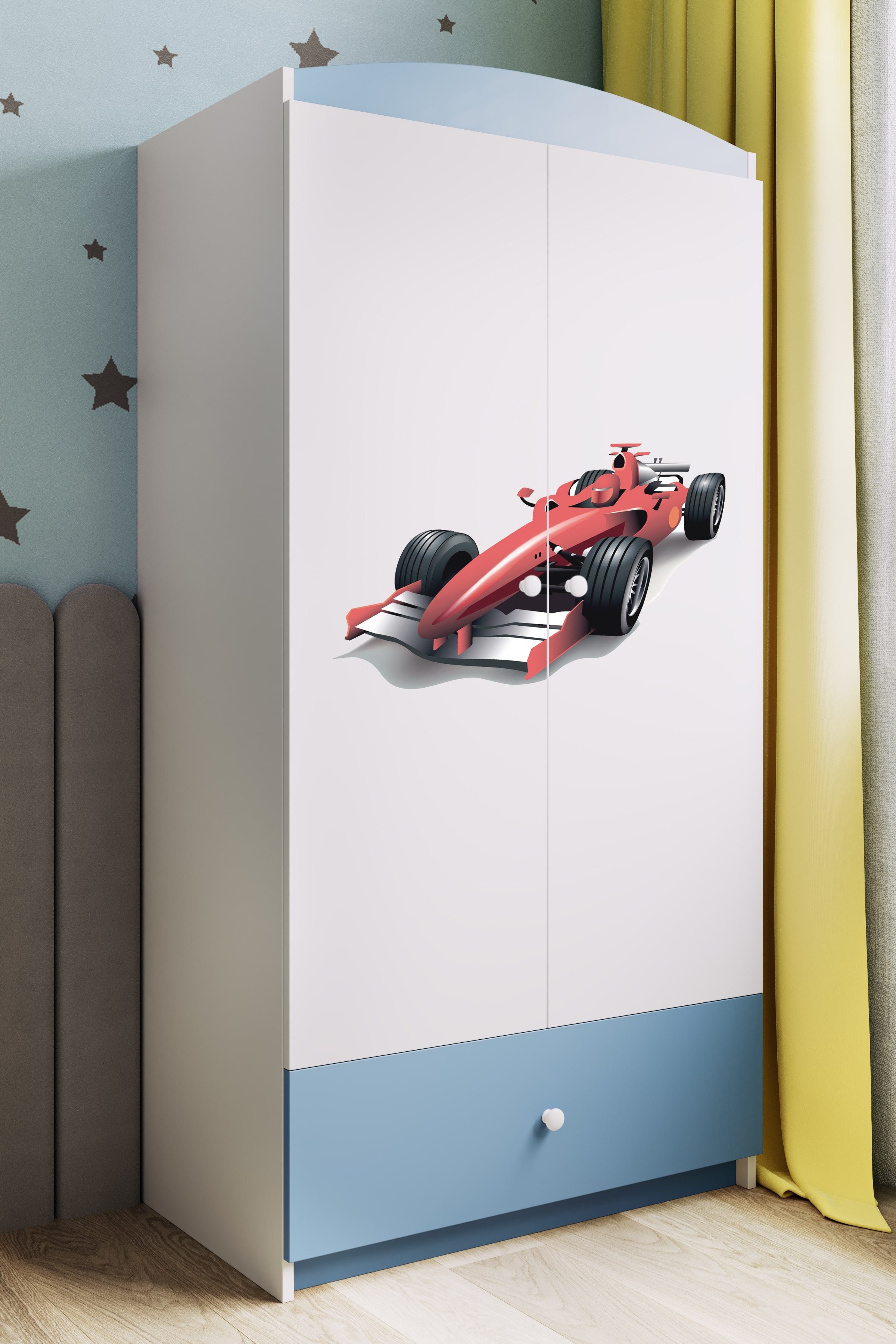 Raumhirsch Furniture Kinderkleiderschrank mit Motivauswahl - Kleiderschrank für Kinder (Kinderzimmerschrank für Jungen, Mit Ablagefächern & Kleiderstange) robuste Verarbeitung, kindgerecht, verschiedene Farben & Designs