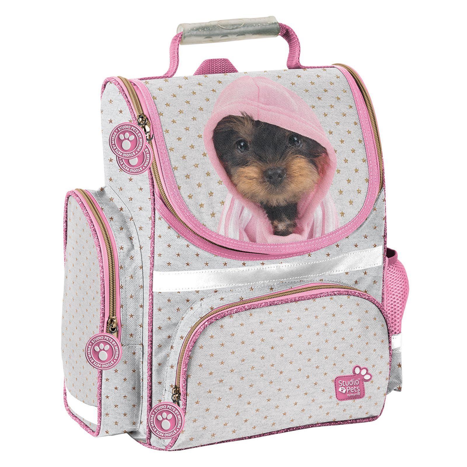 PASO Schulranzen (Set, 3-Tlg), Mit Turnbeutel & Befüllter Federmappe - Hündchen mit Kapuze-Rosa/Grau