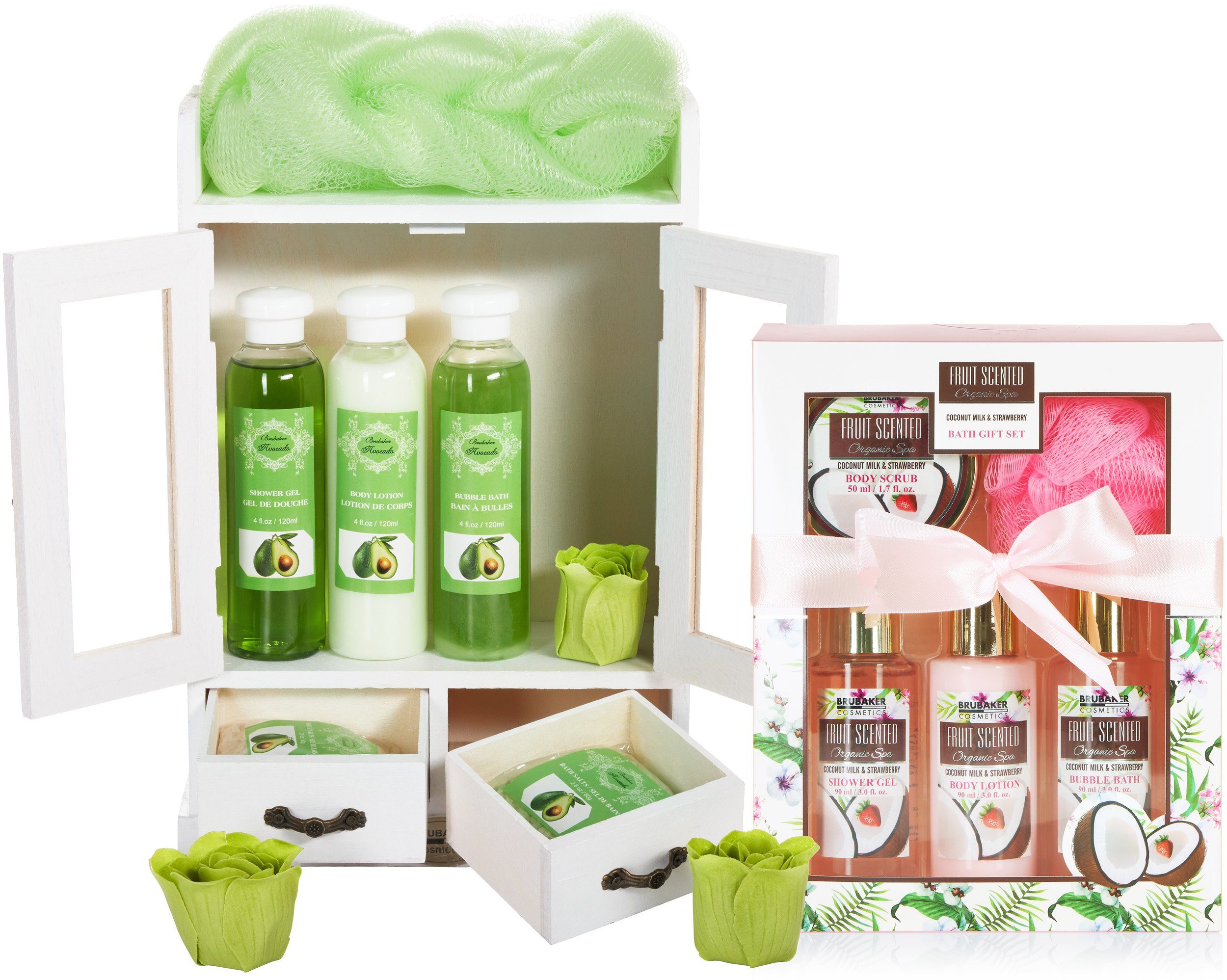 mit in Geschenkset Erdbeere BRUBAKER Pflegeset Pflege-Geschenkset 1 Frauen Kokosnuss Dusch- Set, 2 Avocado - Badeset 15-tlg., Damen und - Beauty & Dekoration Wellness