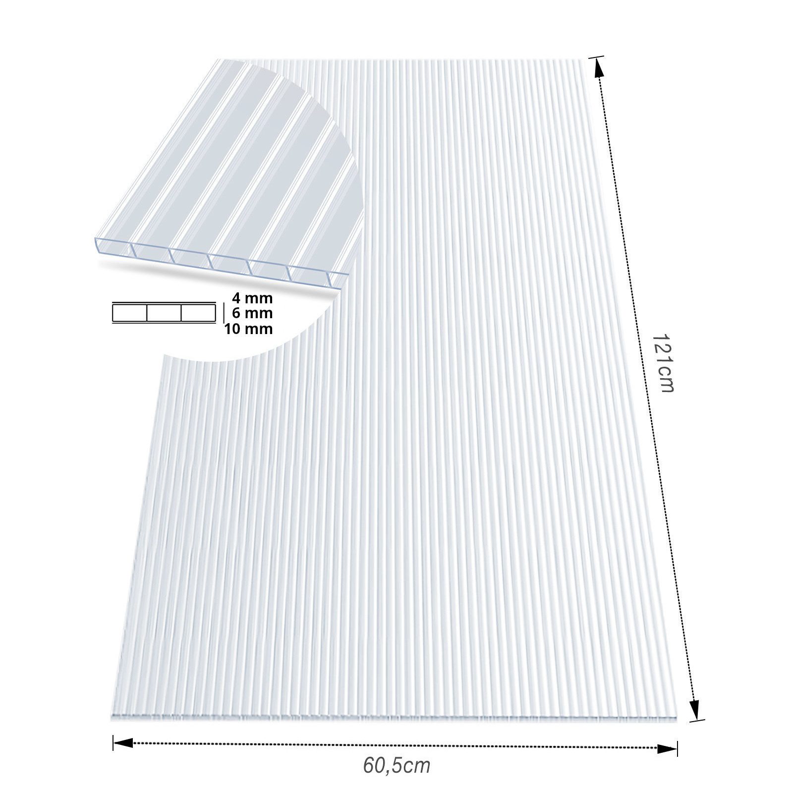 Floordirekt Doppelstegplatte aus Polycarbonat 60,5 x 121 cm, 4/6/10/16 mm, bis 85% Lichtdurchlässig, 4 mm, (1-St), wetterfeste Hohlkammerstegplatten, UV-beständig, ideal für Gewächshaus