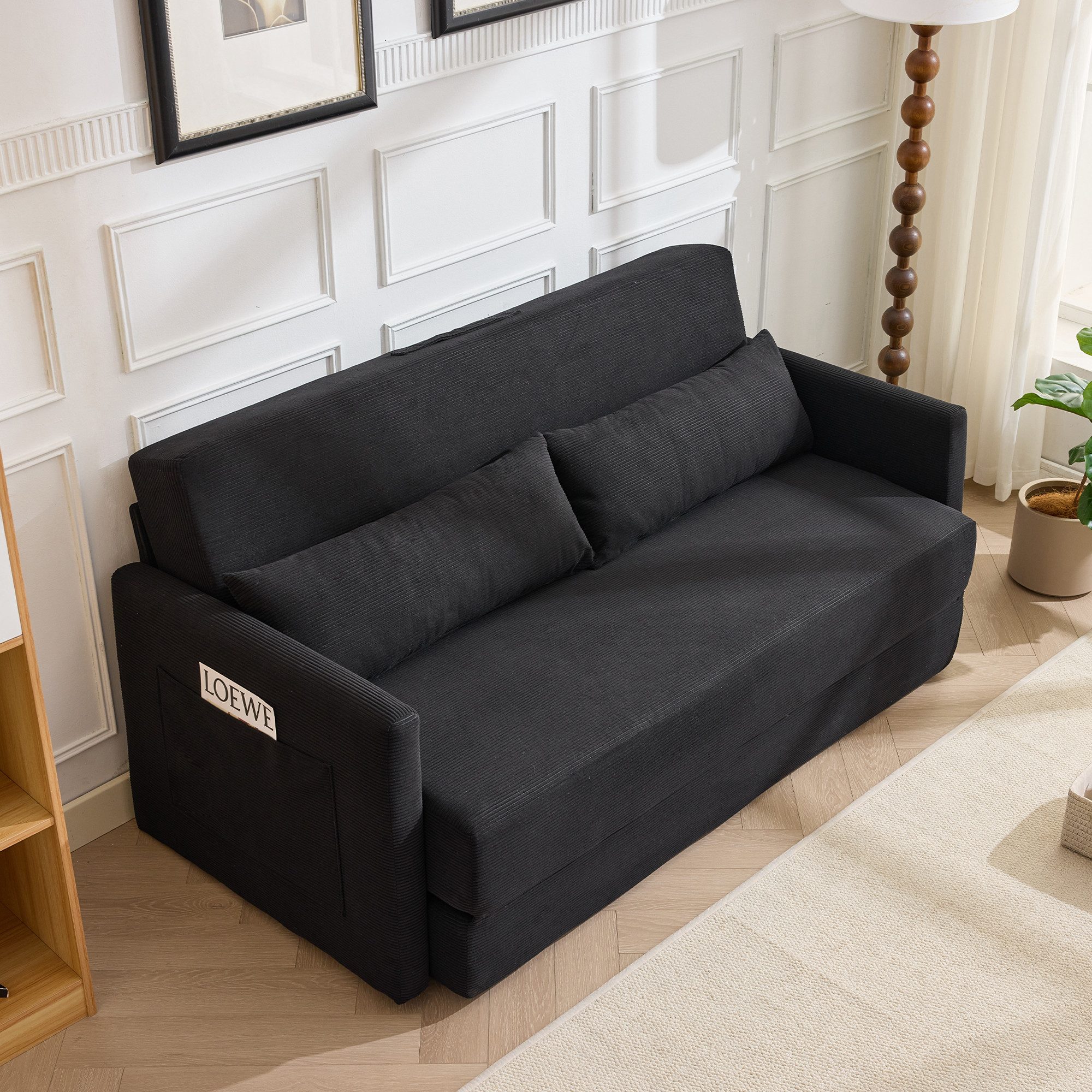 HAUSS SPOLE Loungesofa 2 in 1 Schlaffunktion,Cord Schlafsofa Zweisitzer mit Kissen,Schwarz, Relaxsofa Bodensofa-Bett mit zwei Lendenkissen und zwei Magazintaschen, Polstermöbel 165x92x82cm mit verstärkten Sofarahmen-Set