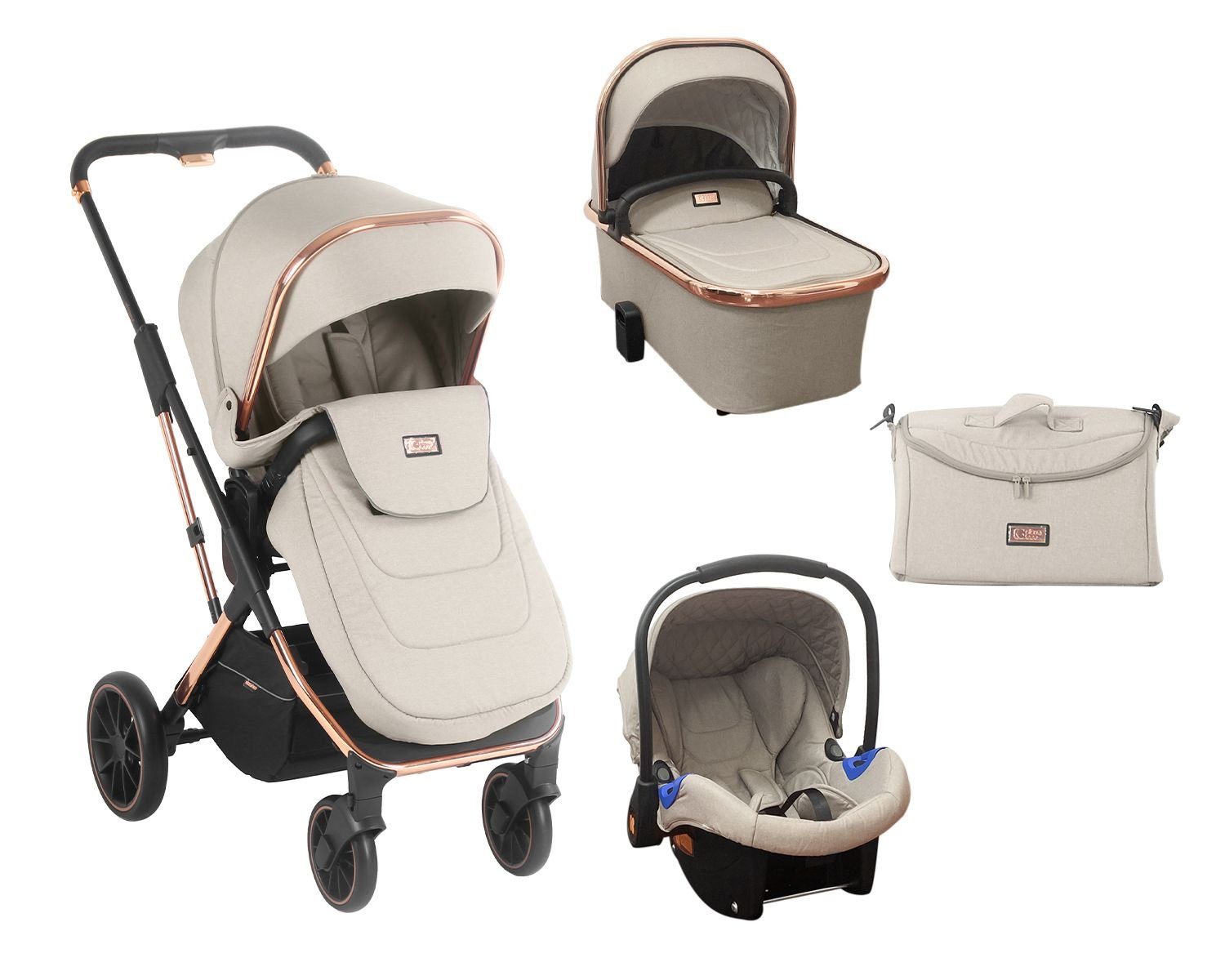 Kikkaboo Kombi-Kinderwagen Kinderwagen Angele 3 in 1, Sportsitz, Babywanne Autositz Adapter Tasche beige