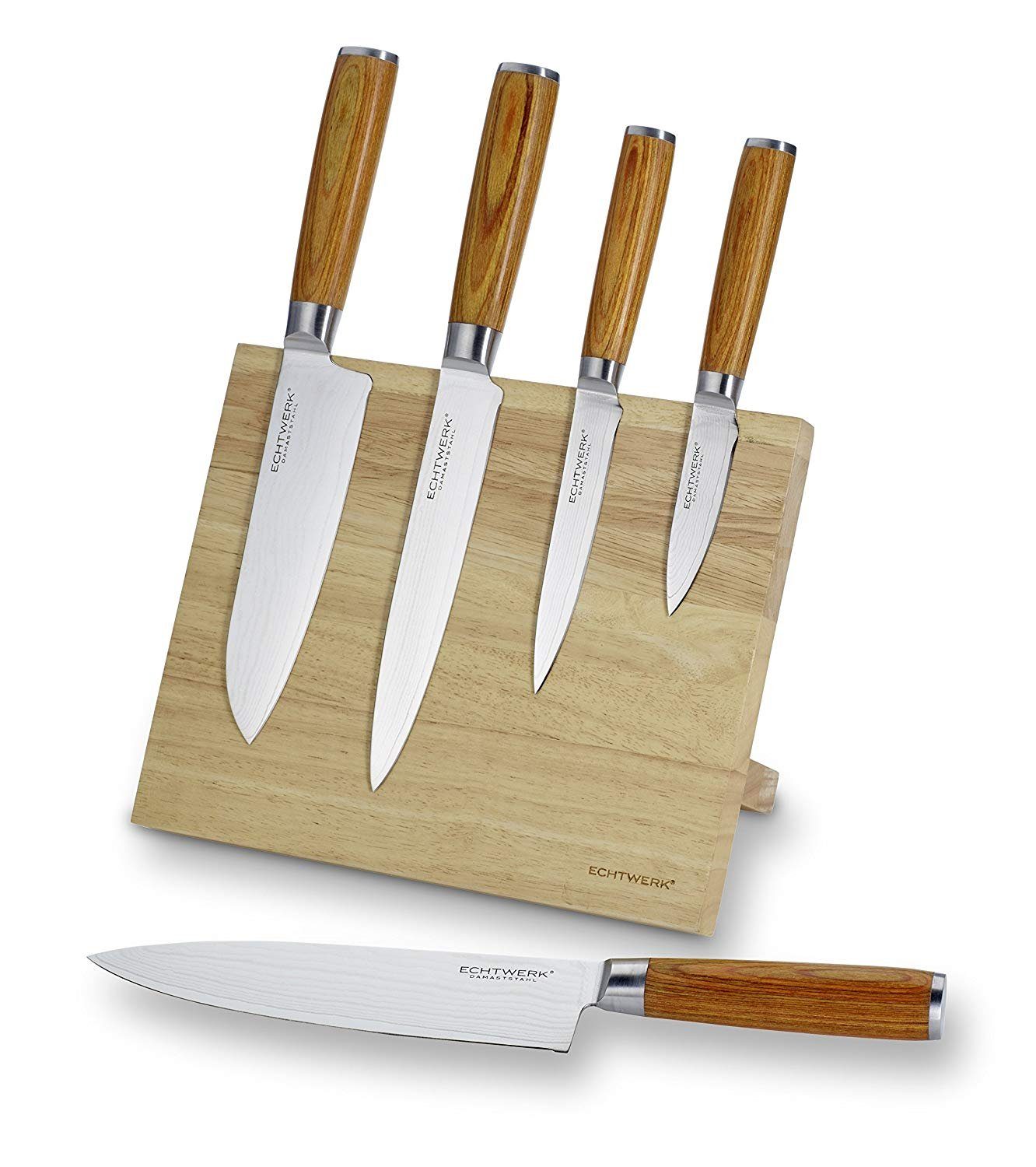 ECHTWERK Messer-Set Damastmesser Set 5tlg. Inkl. Magnet‐Messerblock aus Holz