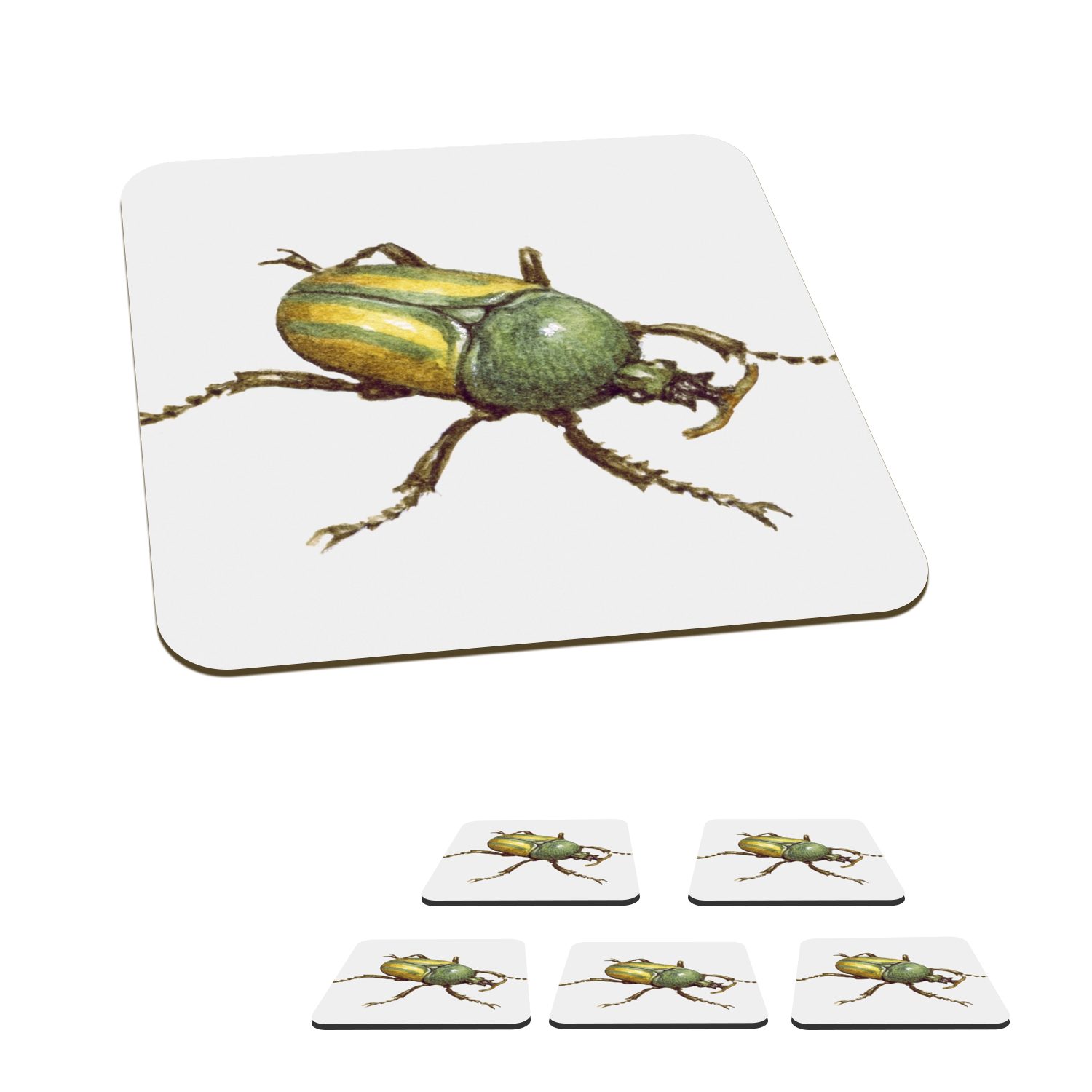 MuchoWow Glasuntersetzer Käfer - Insekten - Aquarell, Zubehör für Gläser, 6-tlg., Glasuntersetzer, Tischuntersetzer, Korkuntersetzer, Untersetzer, Tasse