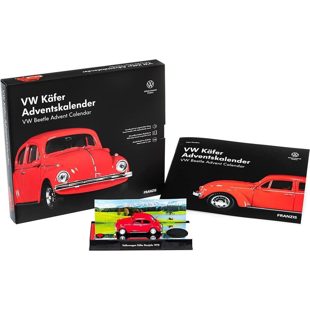 Franzis Adventskalender VW Käfer, Rot, Modellbausatz, Maßstab 1:43, aus Metall, mit Sound