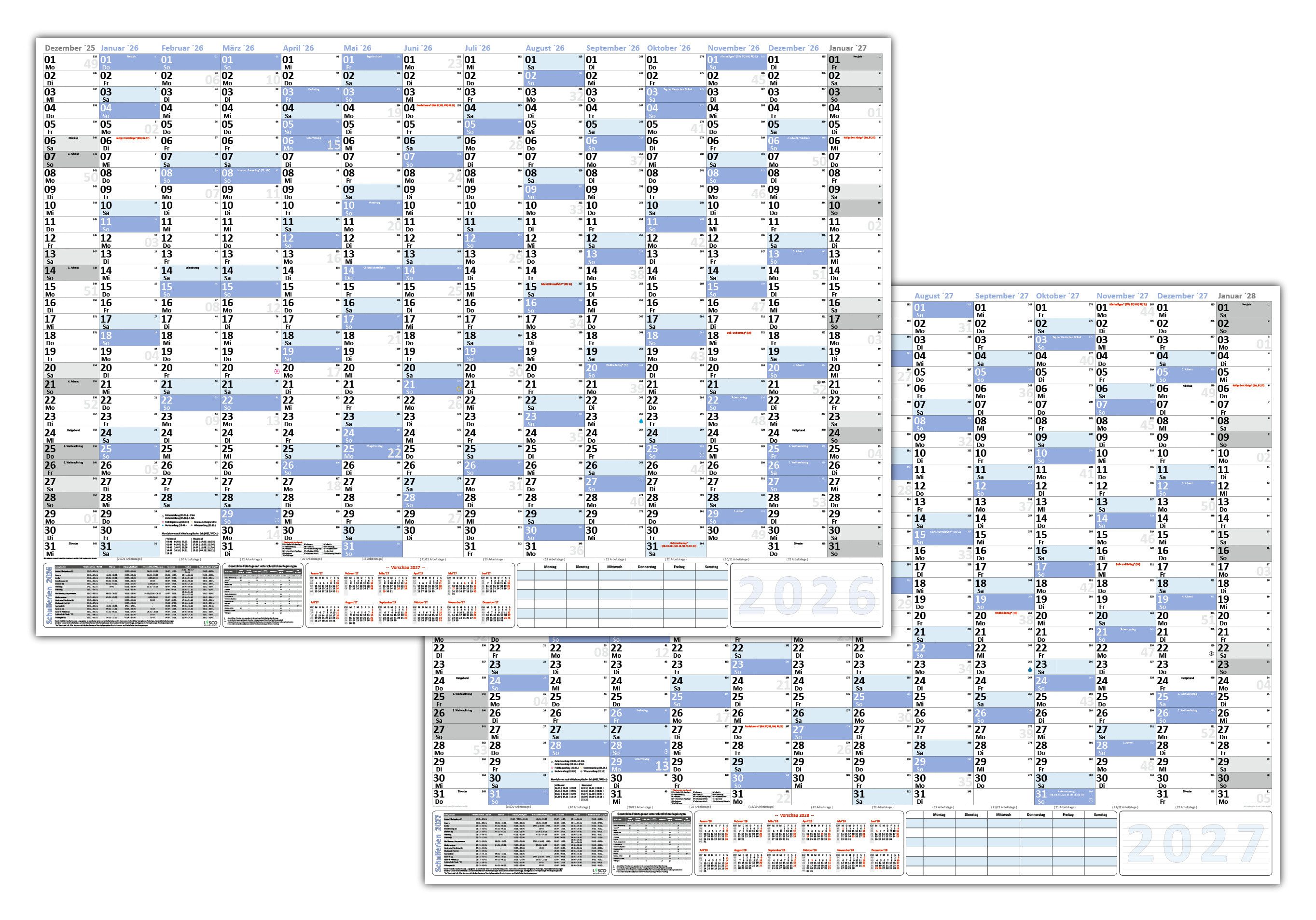 LYSCO Wandkalender XXL Kalender DIN B1 2026 + 2027 / 2027 nass abwischbar, Neutraler Kalender inkl. Feiertage aller Bundesländer, Format 100 x 70cm Jahresplaner Wandplaner gerollt