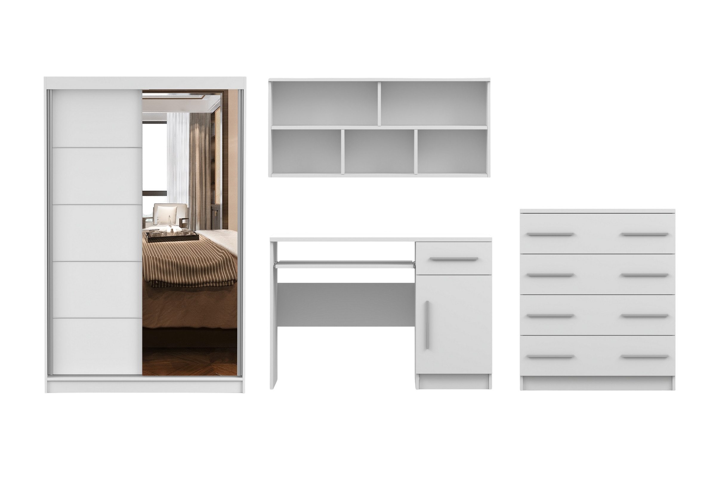 Deine Möbel 24 Jugendzimmer-Set TILL PLUS 05 Möbel Set in Weiß Matt oder Eiche Sonoma, (Set, 4-tlg., ideale Möbel für Kinder und Jugendliche), Modernes Set, Kleiderschrank, Schreibtisch, Kommode & Wandregal