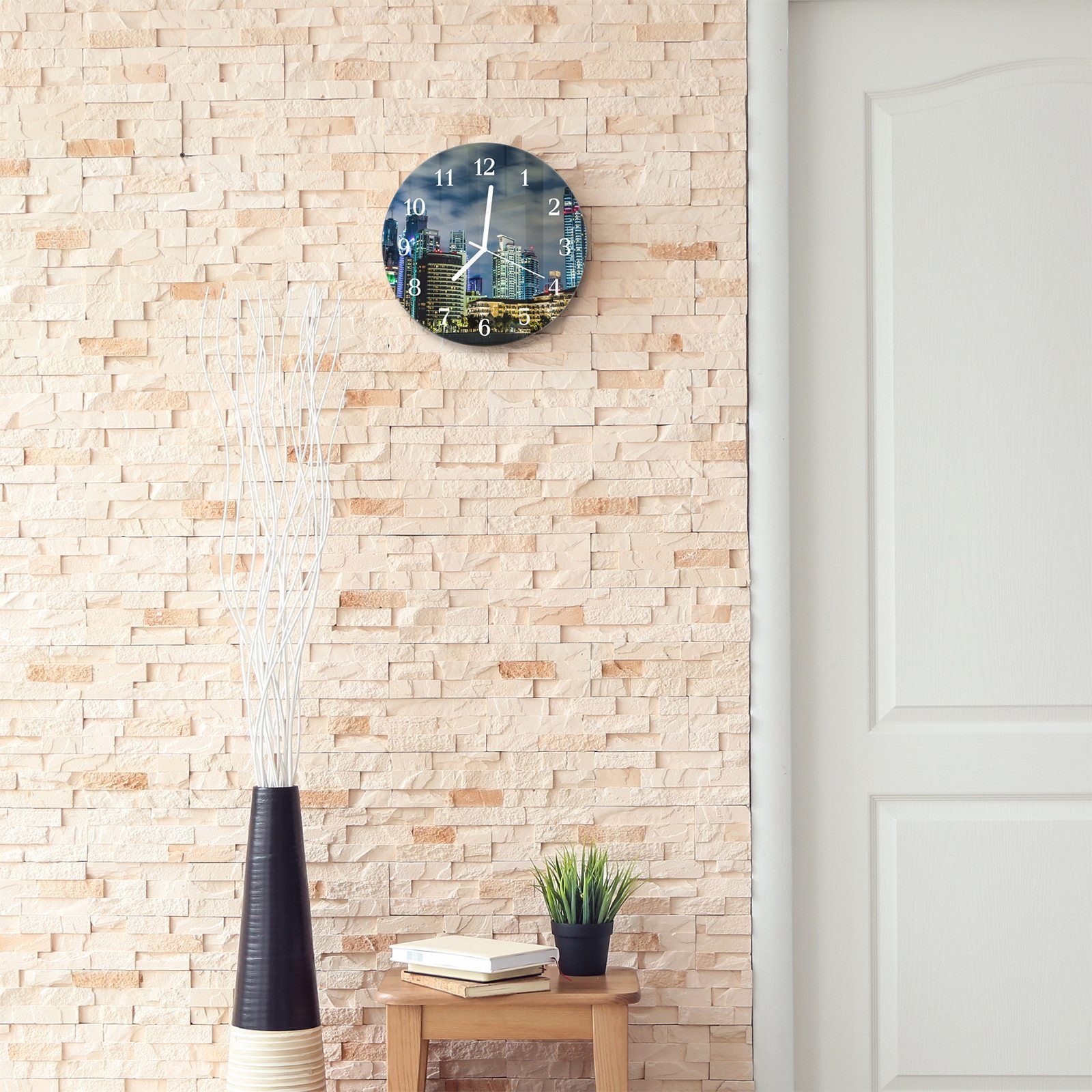 Primedeco mit 30 Wanduhr Motiv - aus wolkig und Quarzuhrwerk Durchmesser Stadtbild mit Rund Wanduhr Glas cm