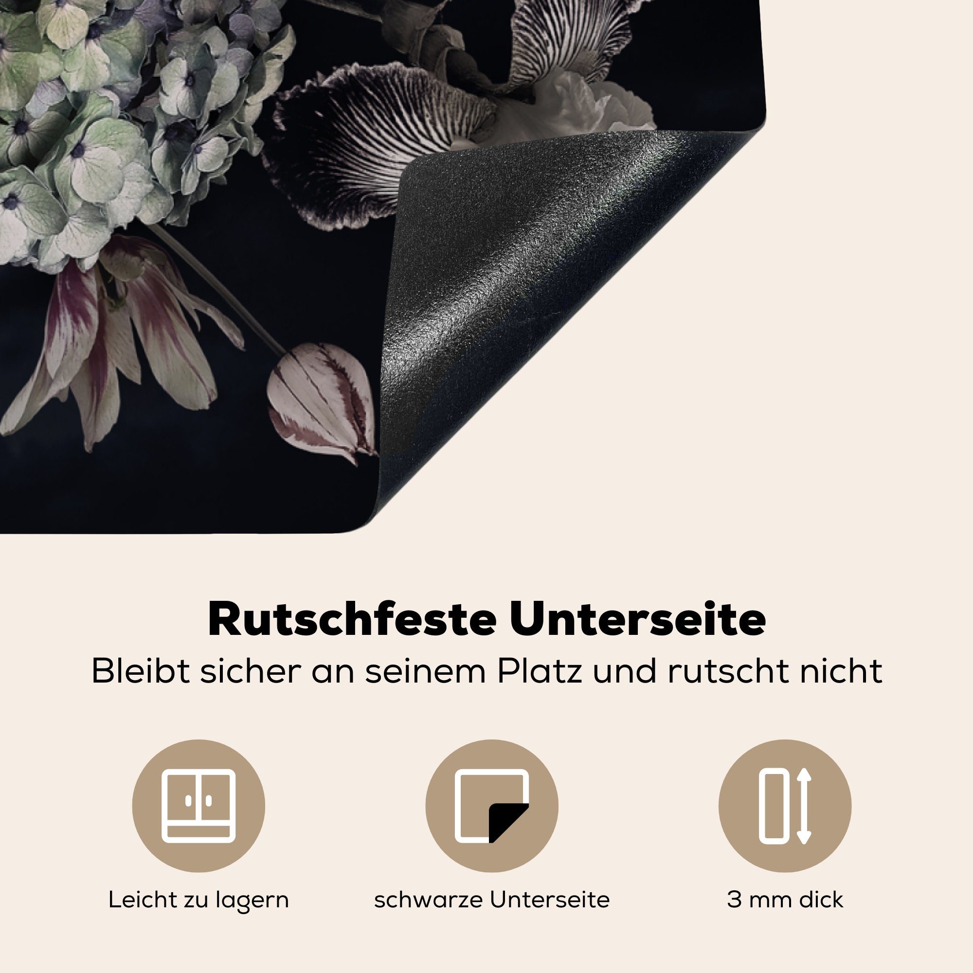 Vinyl, cm, MuchoWow Schwarz Ceranfeldabdeckung, - Vintage 77x59 Herdblende-/Abdeckplatte Blumen - - (1 küche Blumenstrauß, Arbeitsplatte tlg), - Pastell für