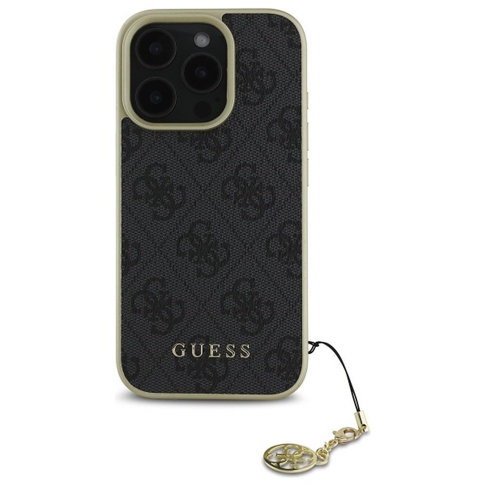Guess Handyhülle Schutzhülle Anhänger, Goldfarbener Charm-Anhänger, 4G-Musterdruck, Kunstleder-Optik