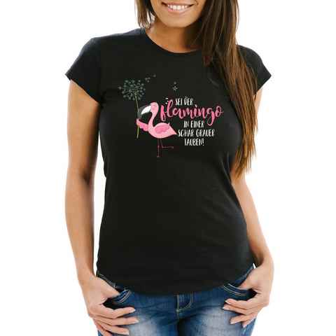 MoonWorks Print-Shirt Damen T-Shirt sei der Flamingo in einer Schar grauer Tauben Slim Fit Spruch Flamingo Pusteblume Moonworks® mit Print