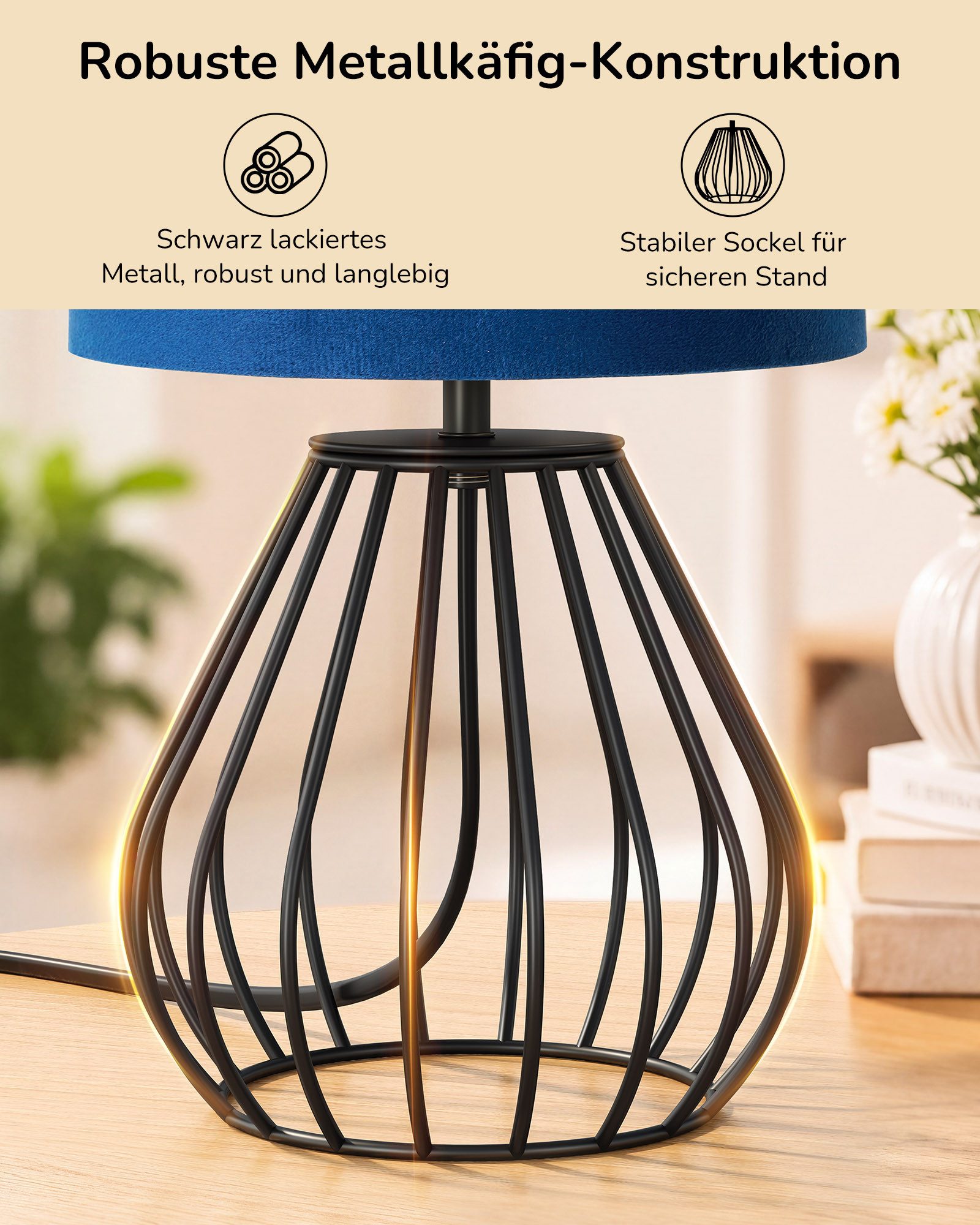 EDISHINE Nachttischlampe Dekolampe H29 cm mit Metallfuß, LED wechselbar, 2700 K Warmweiß, Vintage Tischleuchte mit E14 Leuchtmittel, für Fensterbank, Geschenk – Bild 3 von 5