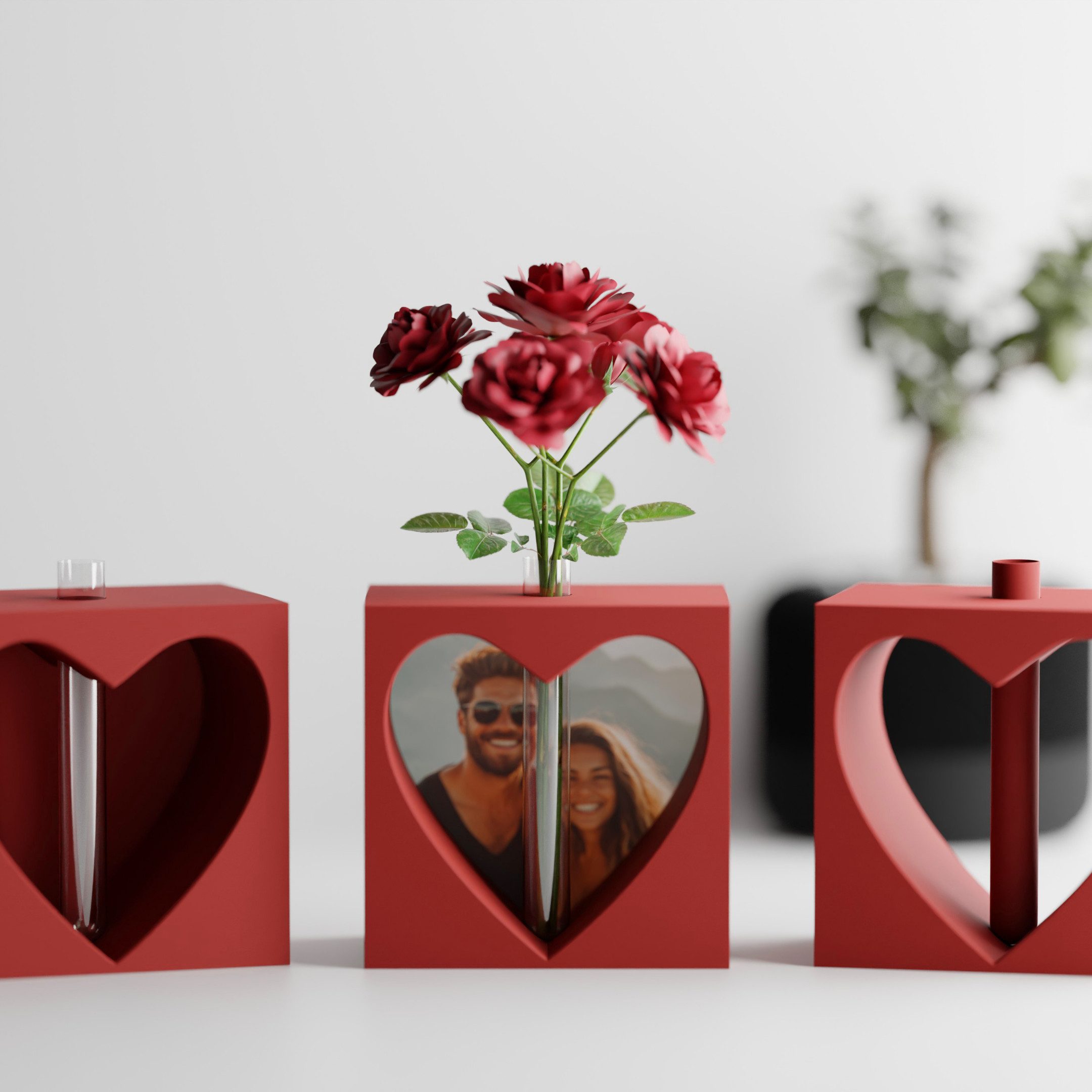 Shapes - Decorations Bilderrahmen Herz Vase mit Foto Einsatz – Deko mit Herz Aussparung und Glasröhrchen, für 1 Bilder, 3D-Effekt mit Herzform, Röhrchen für einzelne Blume