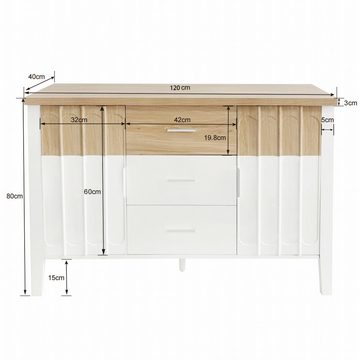 IDEASY Vorratsschrank Sideboard mit Türen und Schubladen, Türen in Weiß und Holzstruktur, 120 x 40 x 80 cm, 2 Türen und 3 Schubladen