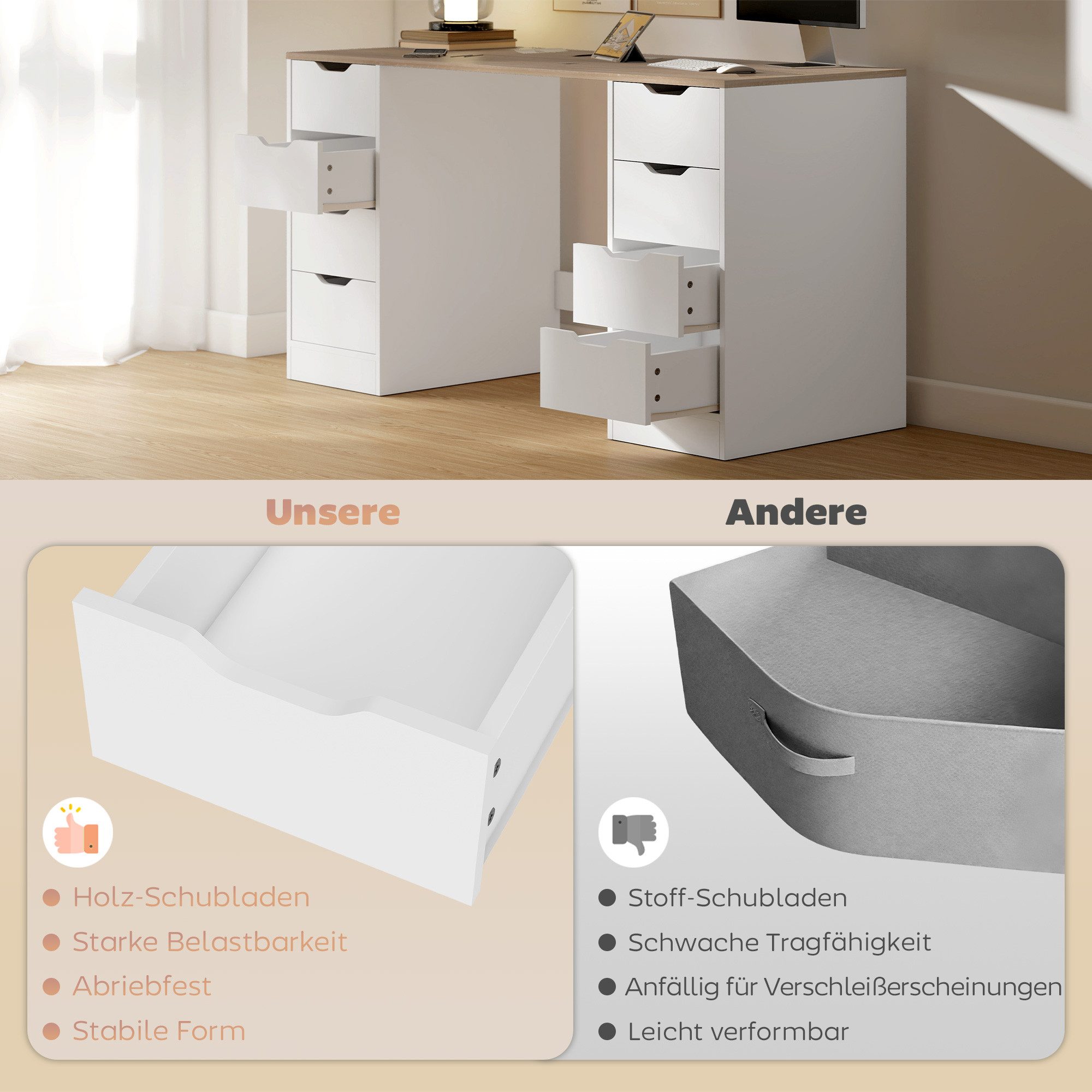 HOMCOM Schreibtisch Bürotisch mit 8 Schubladen 140 x 53 x 75 cm Moderner Tisch (Computertisch, 1-St., Arbeitstisch), für Arbeitszimmer, Wohnzimmer, Weiß – Bild 5 von 5