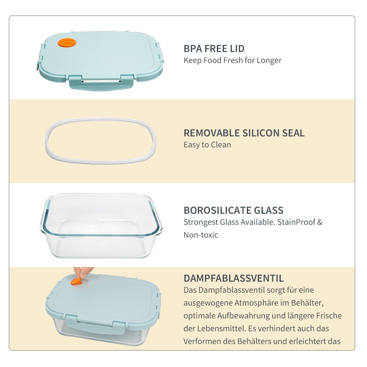 Brotdose prep Mikrowellenfreundlich, Spülmaschinenfest, mit wasserdichte Gefrierschränke, box, Frischhaltedose MULISOFT Blau-640ml*3 meal boxen, BPA-frei borosilikatglas, (3-tlg), deckel,