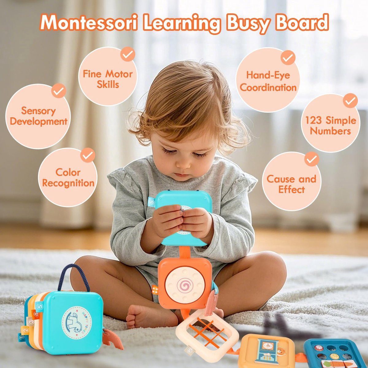 Kraftverdia Lernspielzeug Montessori Busy Board 8-in-1 Sensorik Spielzeug für Kleinkinder ab 1 (1-St) – Bild 5 von 5