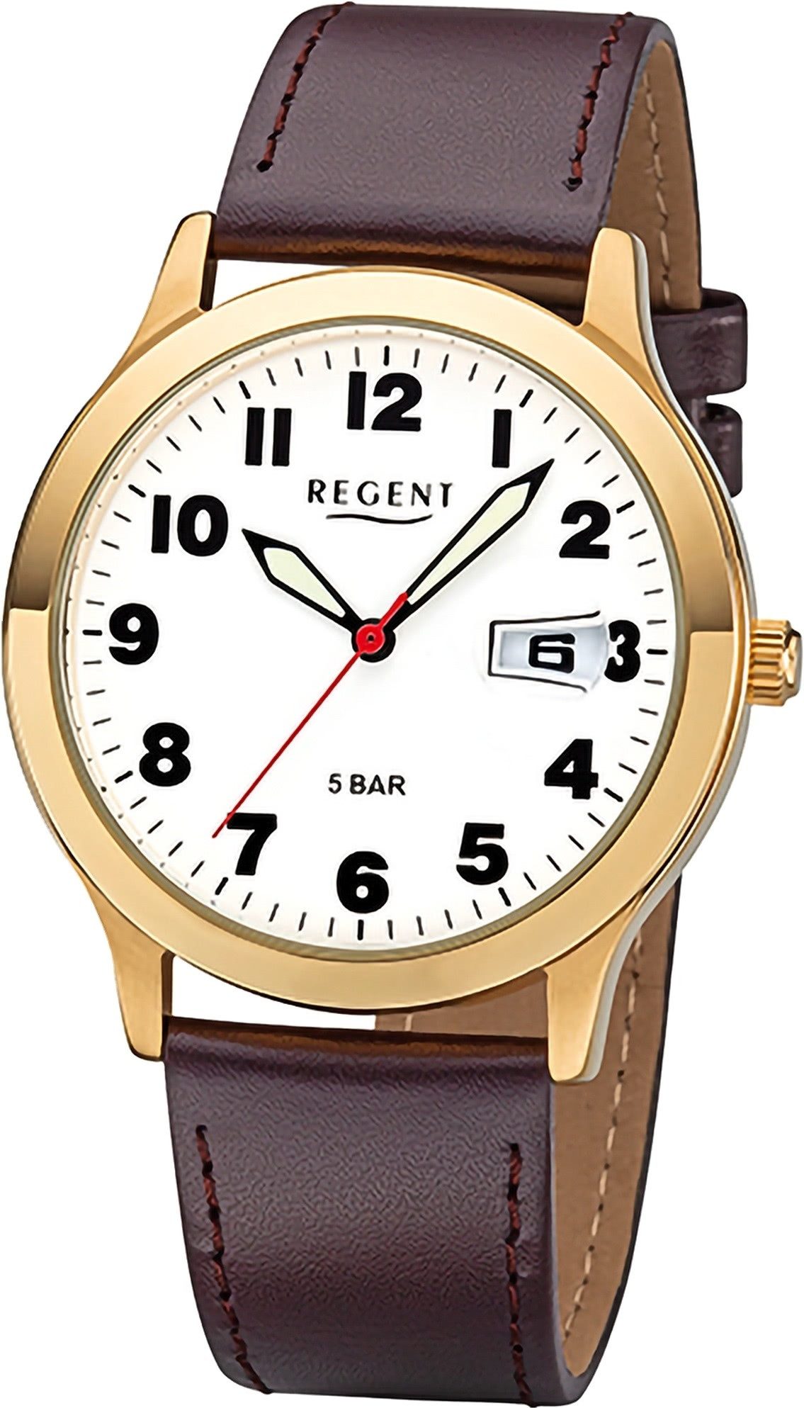 Regent Quarzuhr Regent Herren-Armbanduhr braun Analog F-789, (Analoguhr), Herren Armbanduhr rund, mittel (ca. 39mm), Lederarmband