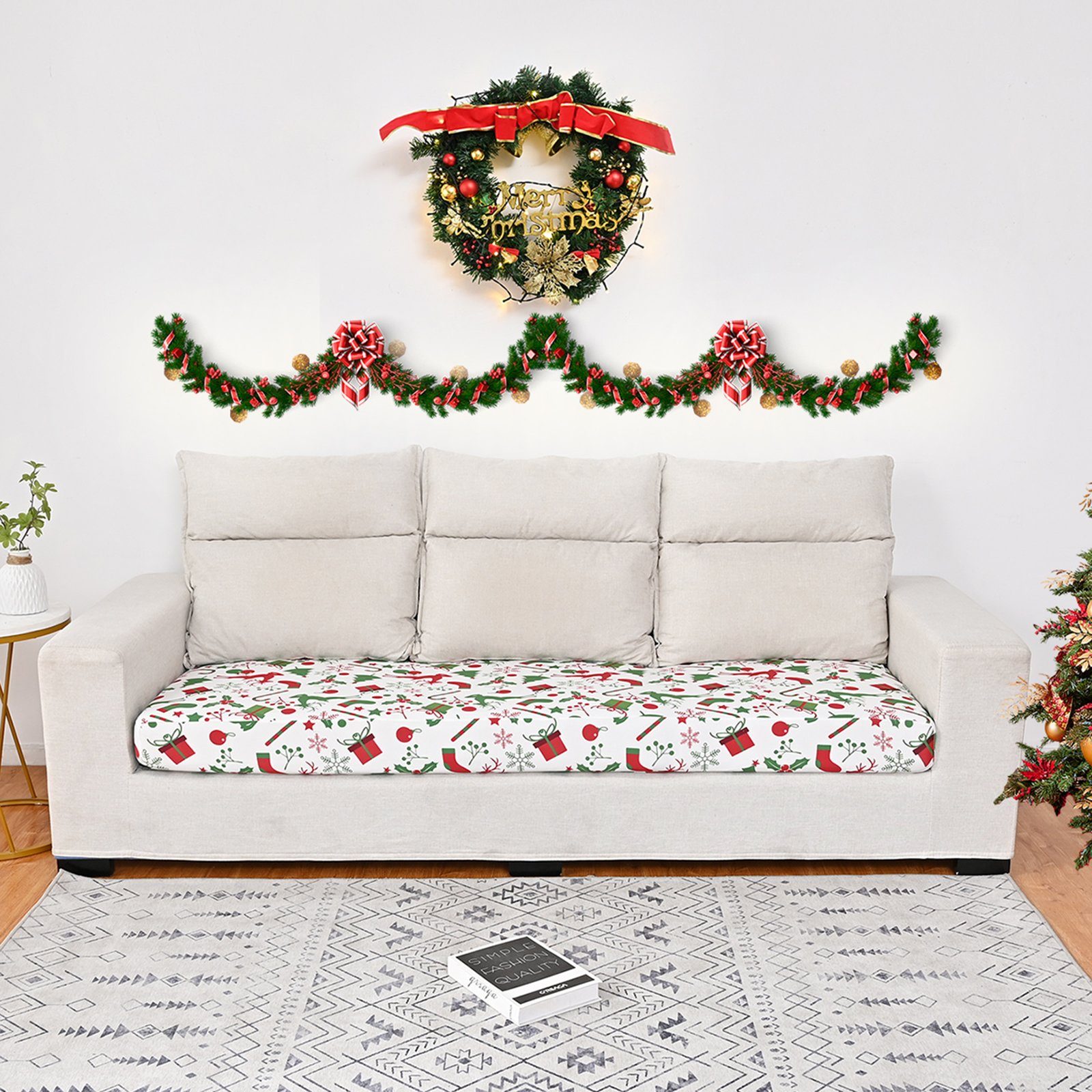 Sofahusse Weihnachtsmotiv, Sofa, Rosnek L-Form für Boden, mit elastischem Weiß 2