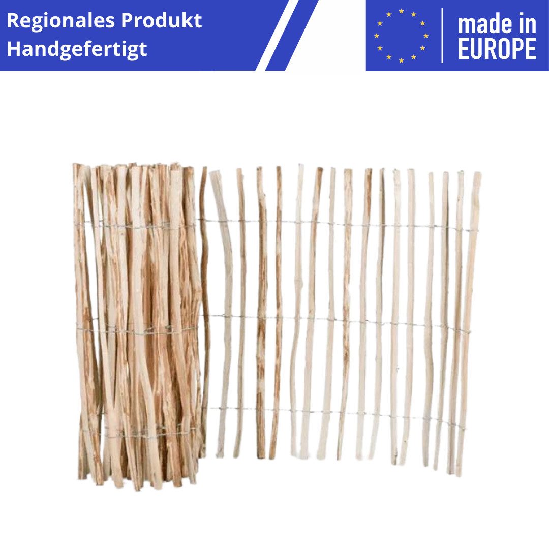 Mega-Holz Staketenzaun "Rolli" (Dicht) - Gartenzaun aus Haselnussholz, Lattenabstand 3-4 cm, LxH: 500x90 cm