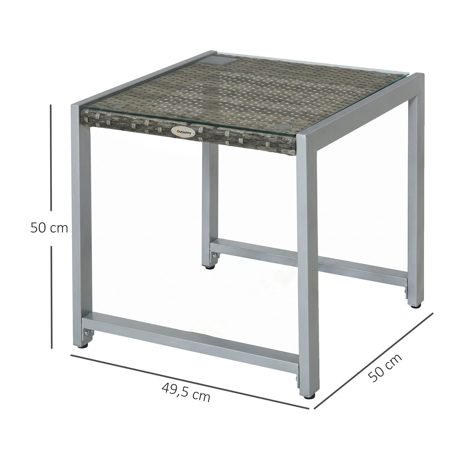 Outsunny Gartentisch Gartenmöbel mit Hartglas (Rattan Kaffeetisch, 1-St., Garten Beistelltisch Tisch), Polyrattan+Aluminium Grau 50 x 49,5 x 50 cm