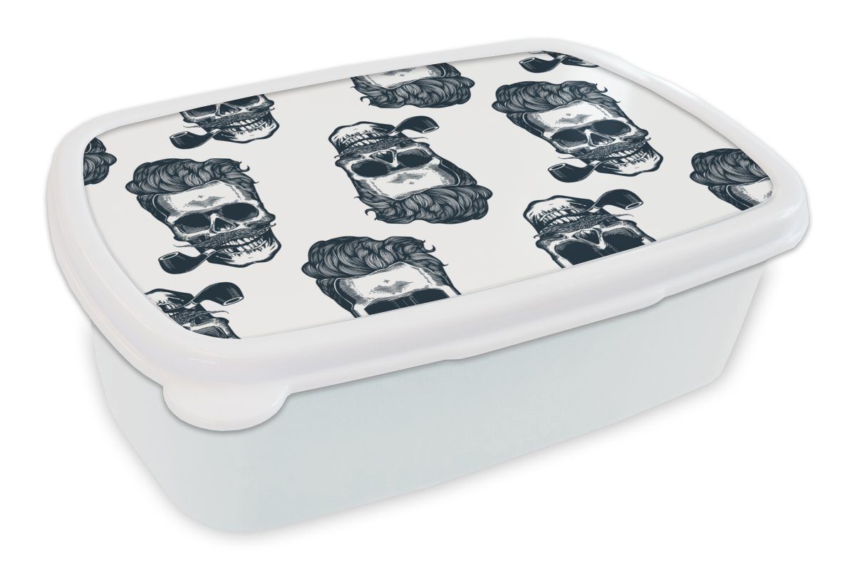MuchoWow Lunchbox Puber - Totenkopf - Pfeife - Muster, Kunststoff, (2-tlg), Brotbox für Kinder und Erwachsene, Brotdose, für Jungs und Mädchen weiß