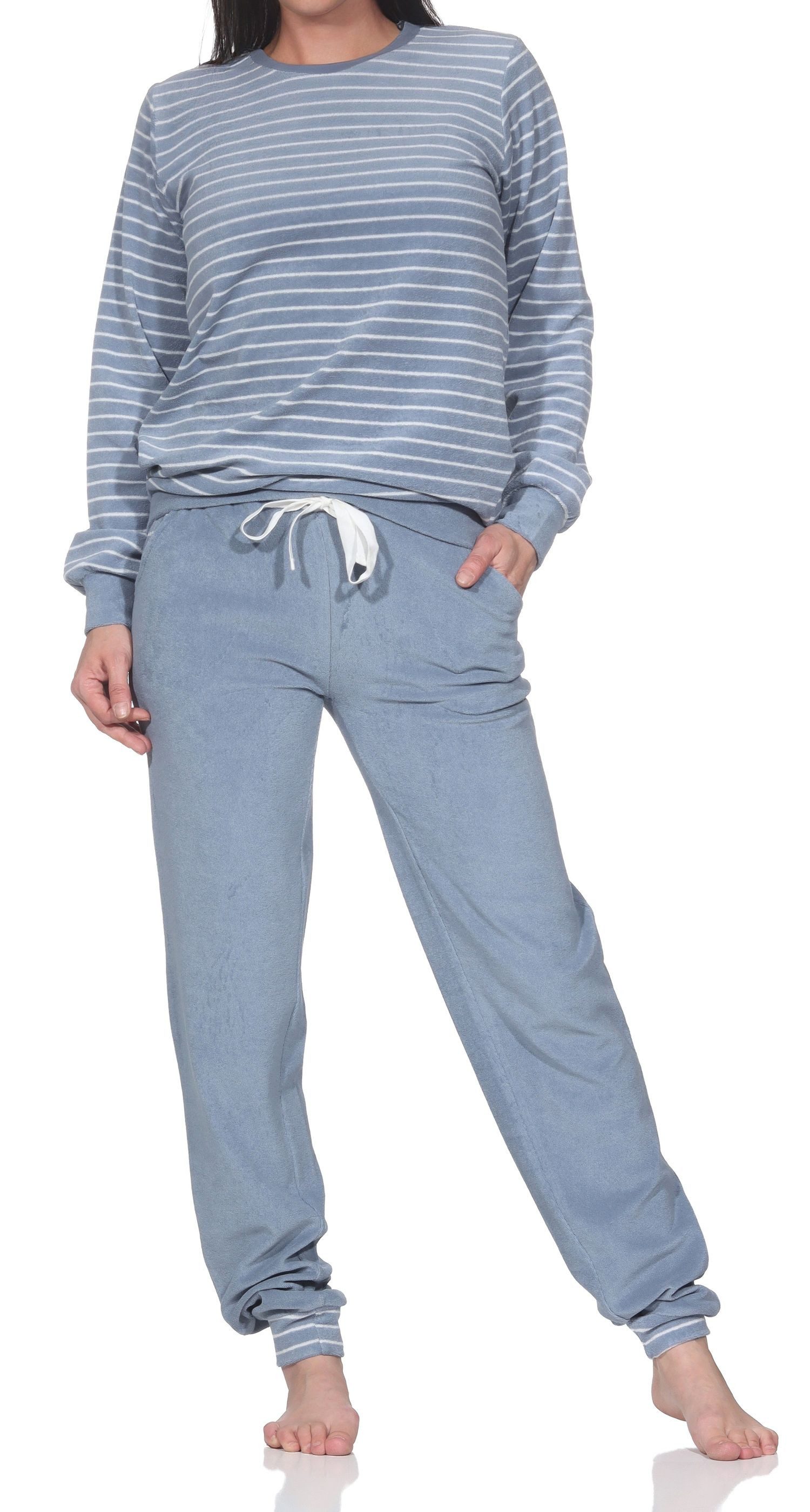 Normann Pyjama Damen Frottee Schlafanzug mit Bündchen in pastelliger Streifen Optik